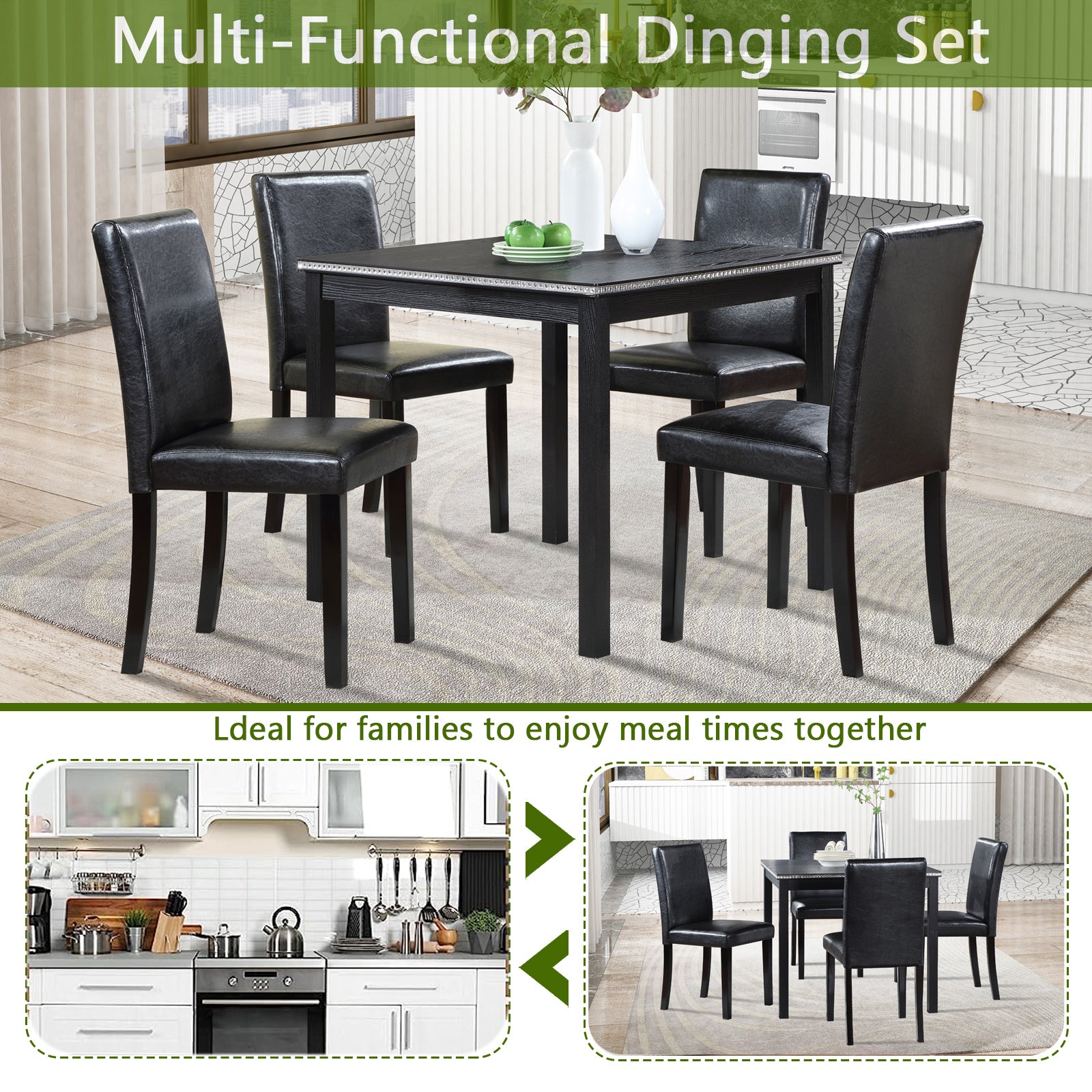 5 Piece Wooden Dining Table Set, Kitchen Table Set with a Square Table and 4 Upholstered Chairs, Wooden Dining Room Table with Crystal Decoration and Chairs Set for Kitchen, Dining Room, Black