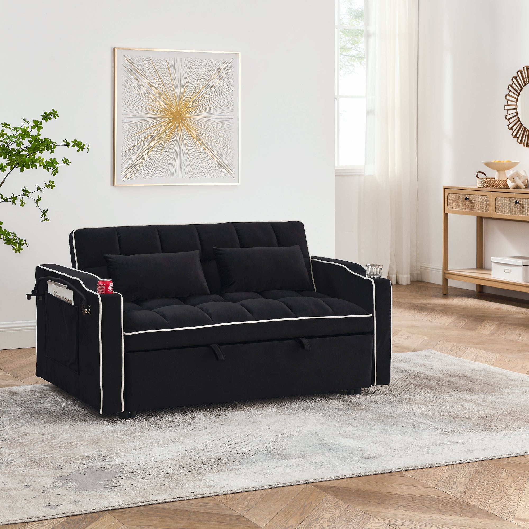 55.51" Foldable Velvet Sofa Bed with Adjustable Back, Pull-Out Design with USB Port, Ashtray, and Swivel Phone Stand, Black