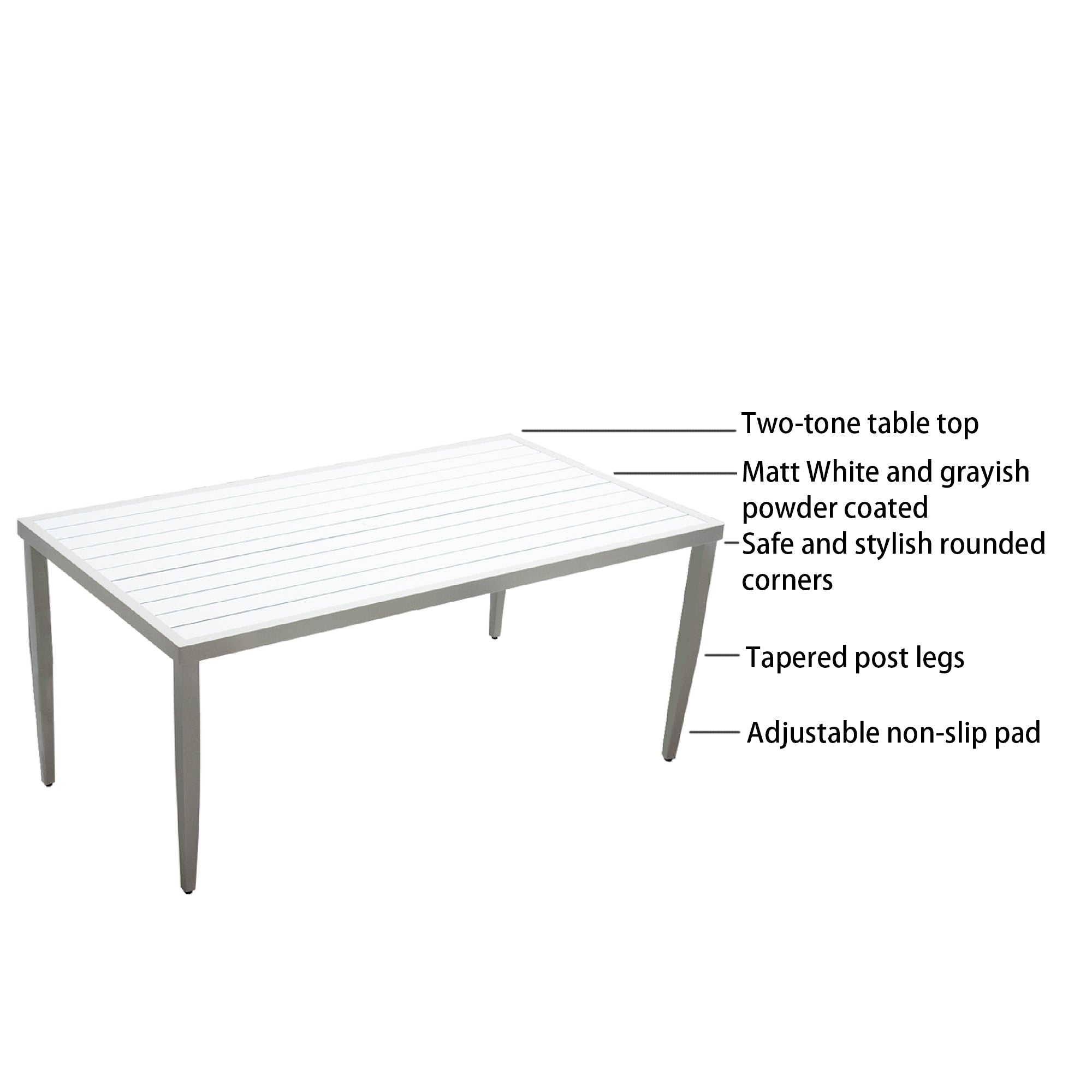 Outdoor Patio Aluminum 40"x70" Two-tone Table Top Rectangle Dining Table with Tapered Feet & Umbrella Hole, Matte White+ Grayish