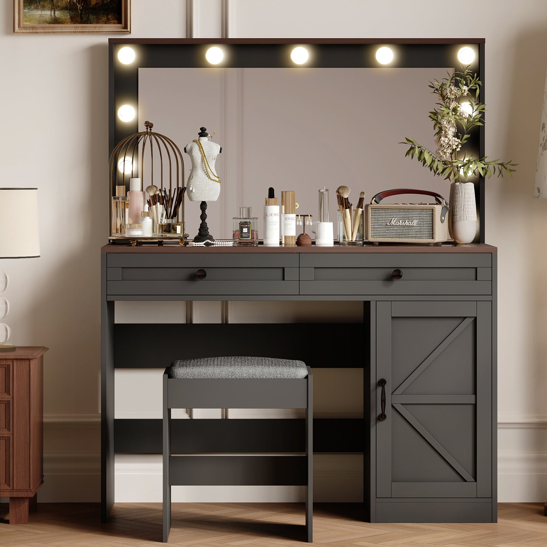 43.4"Makeup Vanity Table, Makeup Table with Large Mirror and 11 LED Light , Brightness Adjustable, Dressing Table Desk with 3 Drawers, Vanity Desk for Women(Black with Stool)