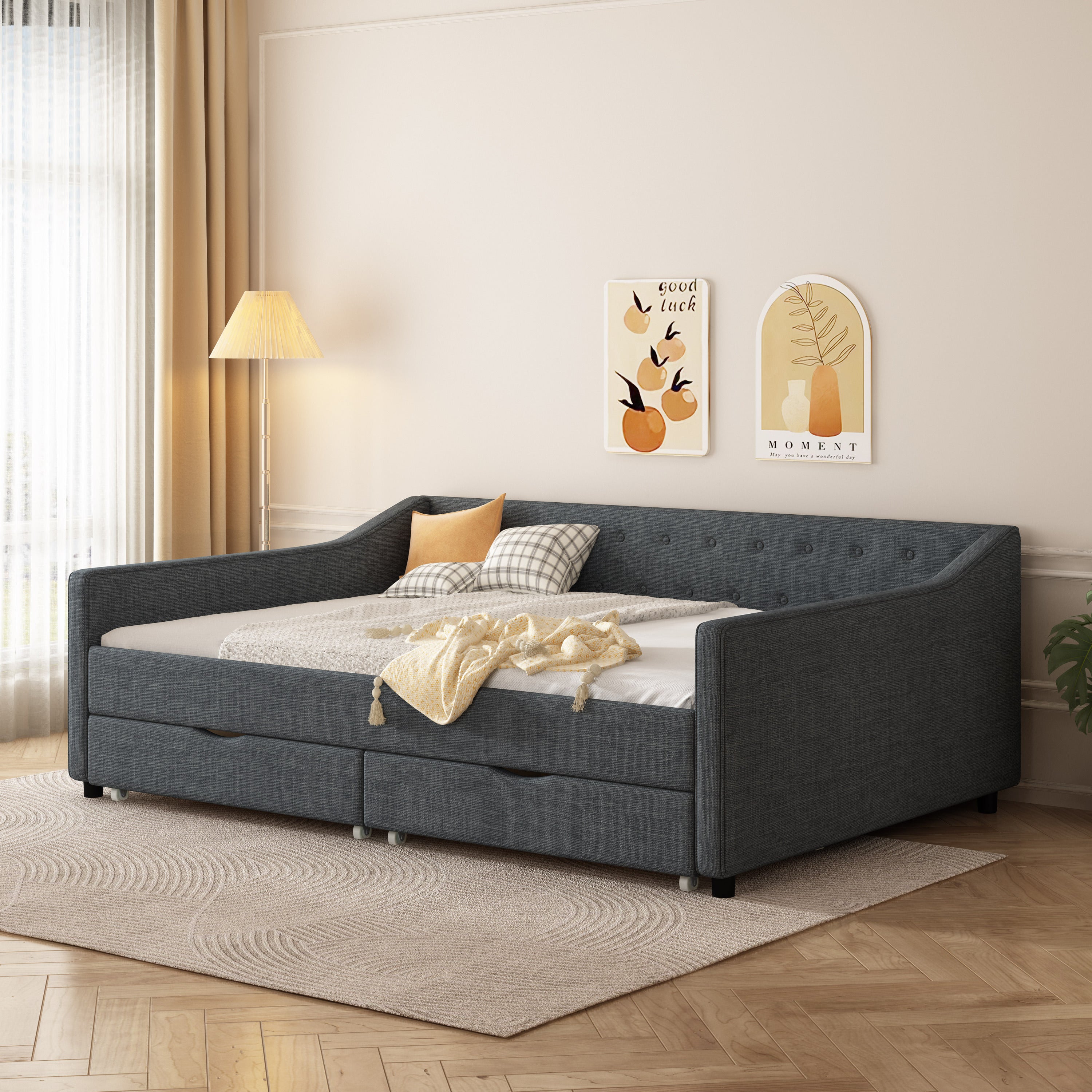 Full Size Daybed with Drawers Upholstered Tufted Sofa Bed, with Button on Back and Piping on Waved Shape Arms-Dark Grey