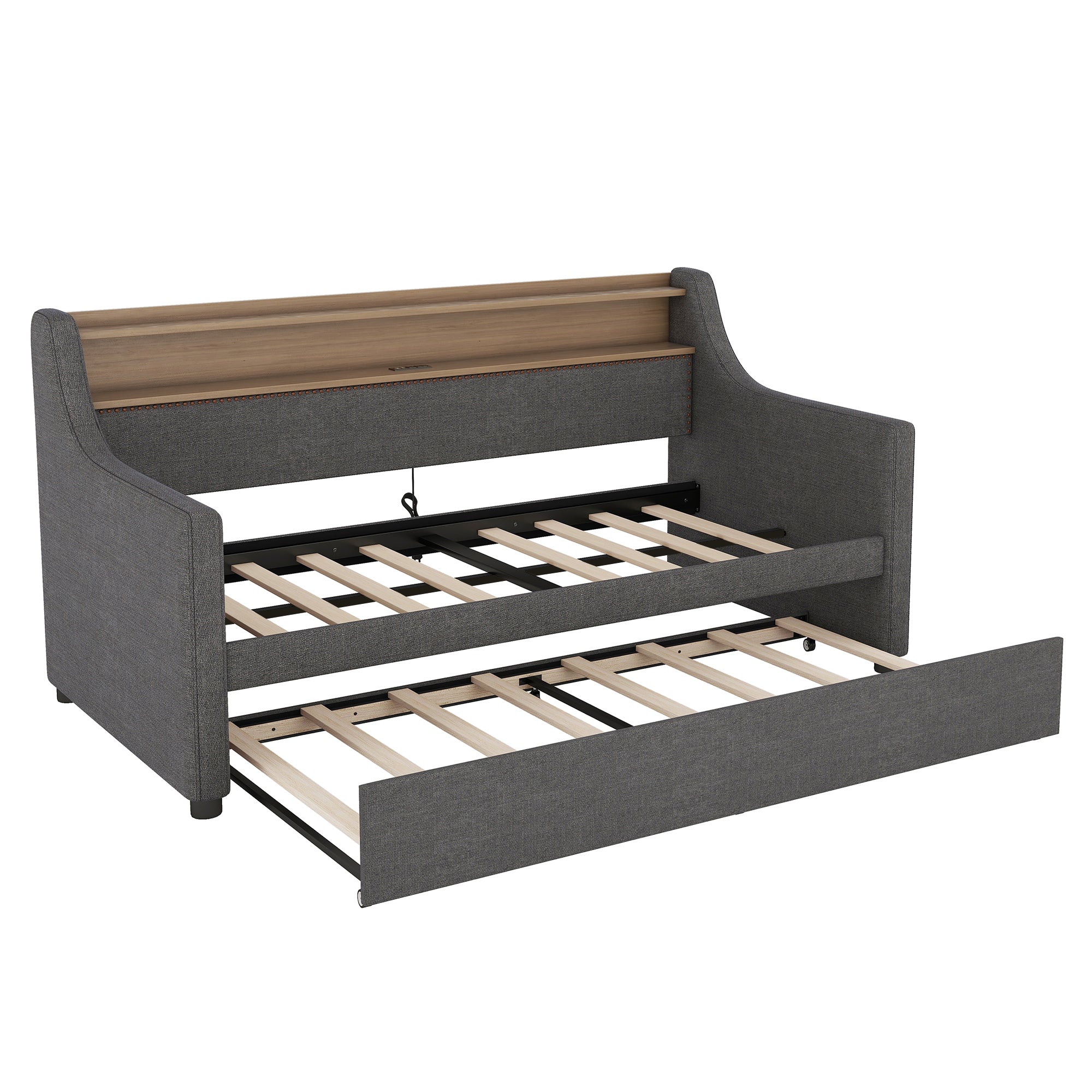 Twin Size Daybed with Trundle Bed, Upholstered Sofa Bed with Charging Station and LED Lights, Gray