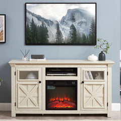 Farmhouse TV Stand with 2 Doors, Barn Design, Large Media Console with 18" Electric Fireplace Insert, WHITE