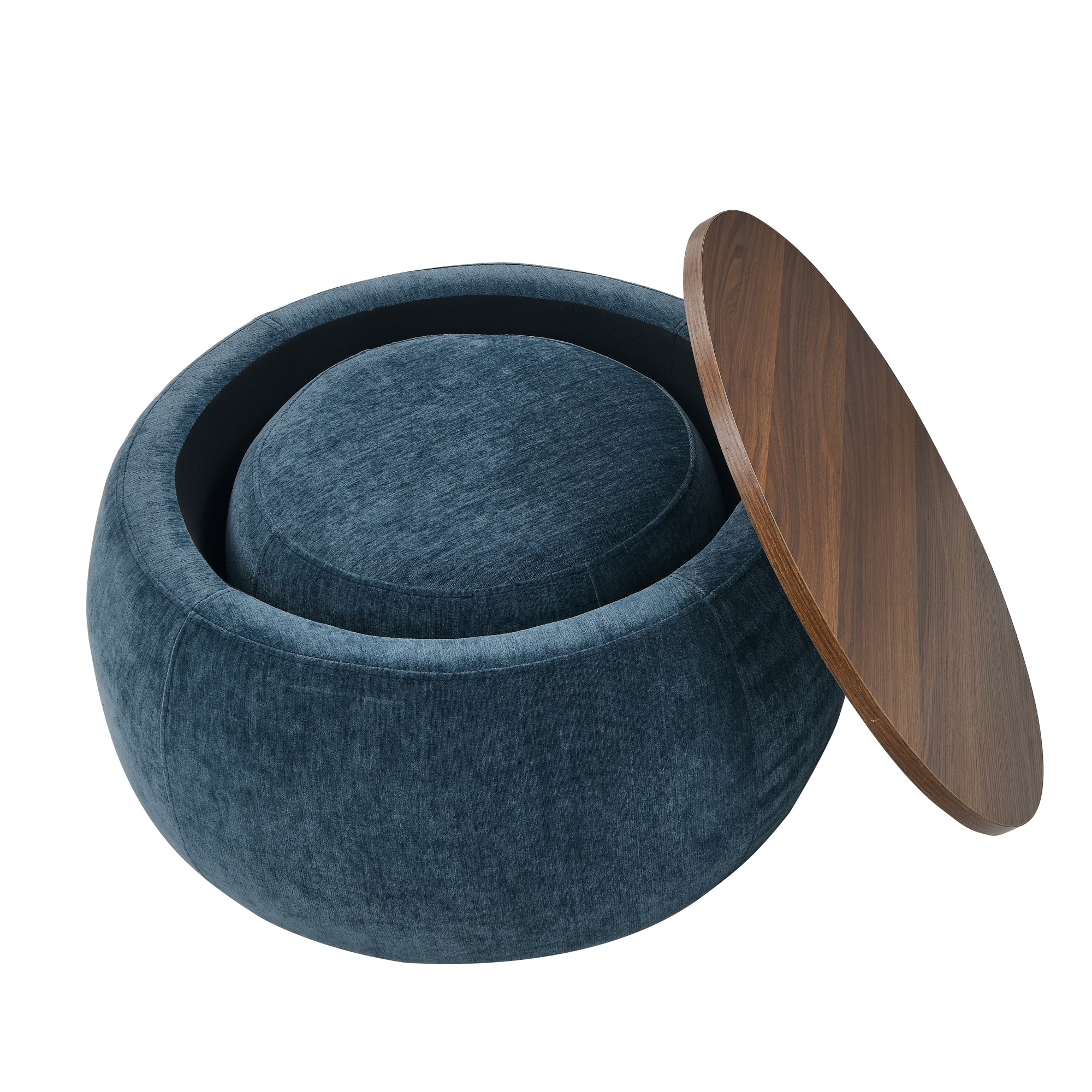 Round Storage Ottoman, 2 in 1 Function, Work as End table and Ottoman,with small seat,Dark blue(25"x25"x14.7")