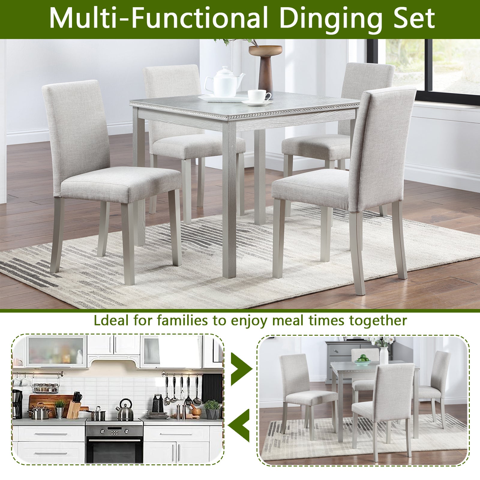 5 Piece Wooden Dining Table Set, Kitchen Table Set with a Square Table and 4 Upholstered Chairs, Wooden Dining Room Table with Crystal Decoration and Chairs Set for Kitchen, Dining Room, Silver grey