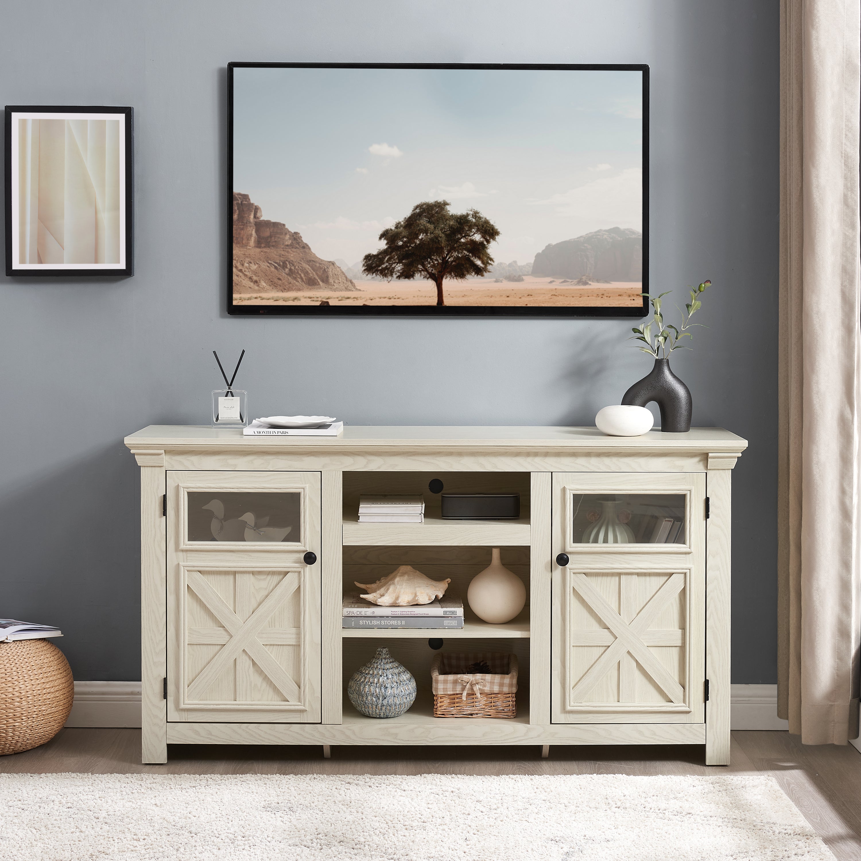 2 Doors Farmhouse TV Stand with Large Barn Inspired Home Entertainment Console for Living Room, WHITE,