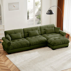 Oversized Modular Velvet Sectional Sofa with Ottoman, Deep Seat L-Shaped Cloud Couch for Living Room, Olive green