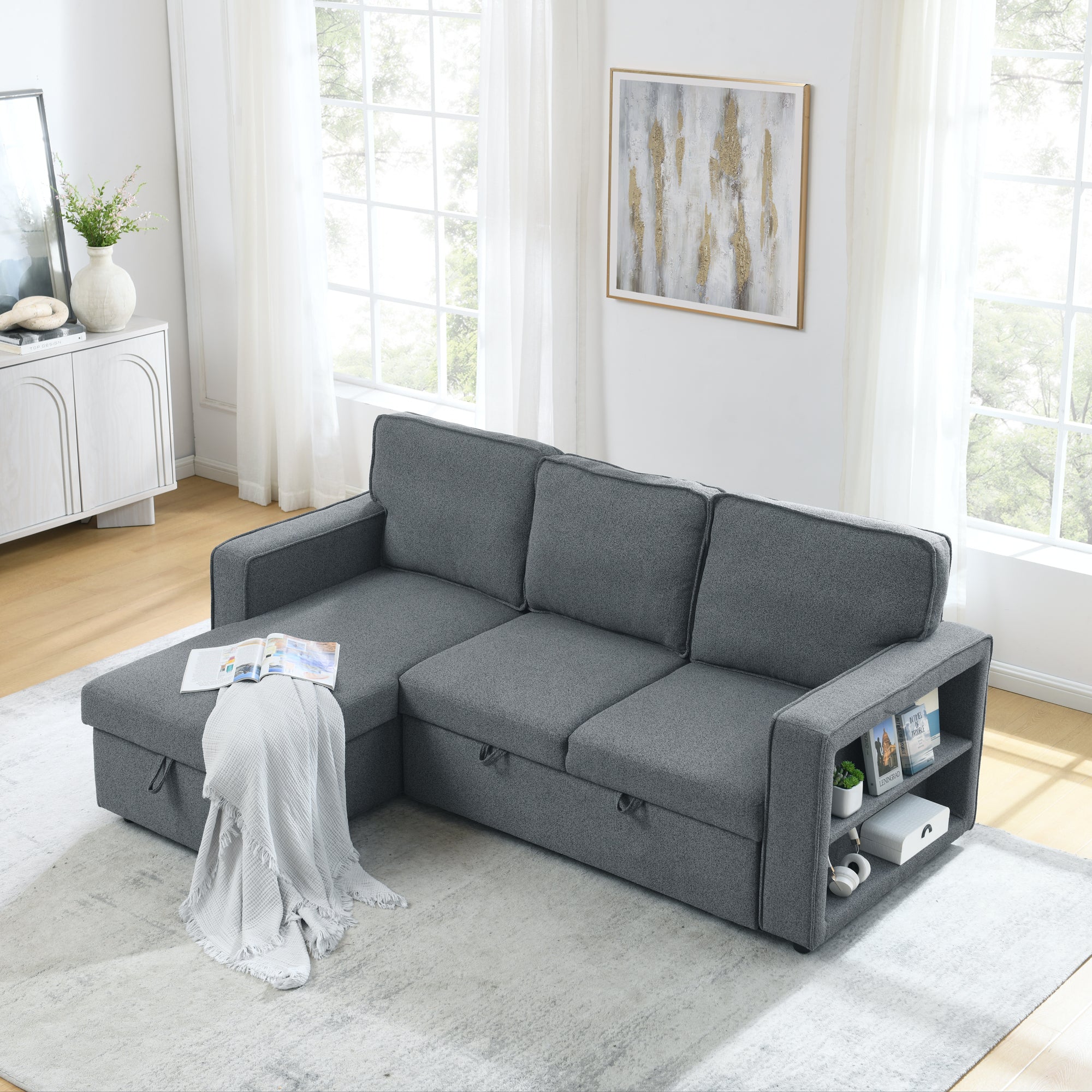 Linen Upholstered Sleeper Sectional Sofa, Shaped Modular Convertible Sofa with Storage Chaise,There are two cup holders in the middle and USB multi-interface function,Pull Out Sleep Couch Bed ,Grey