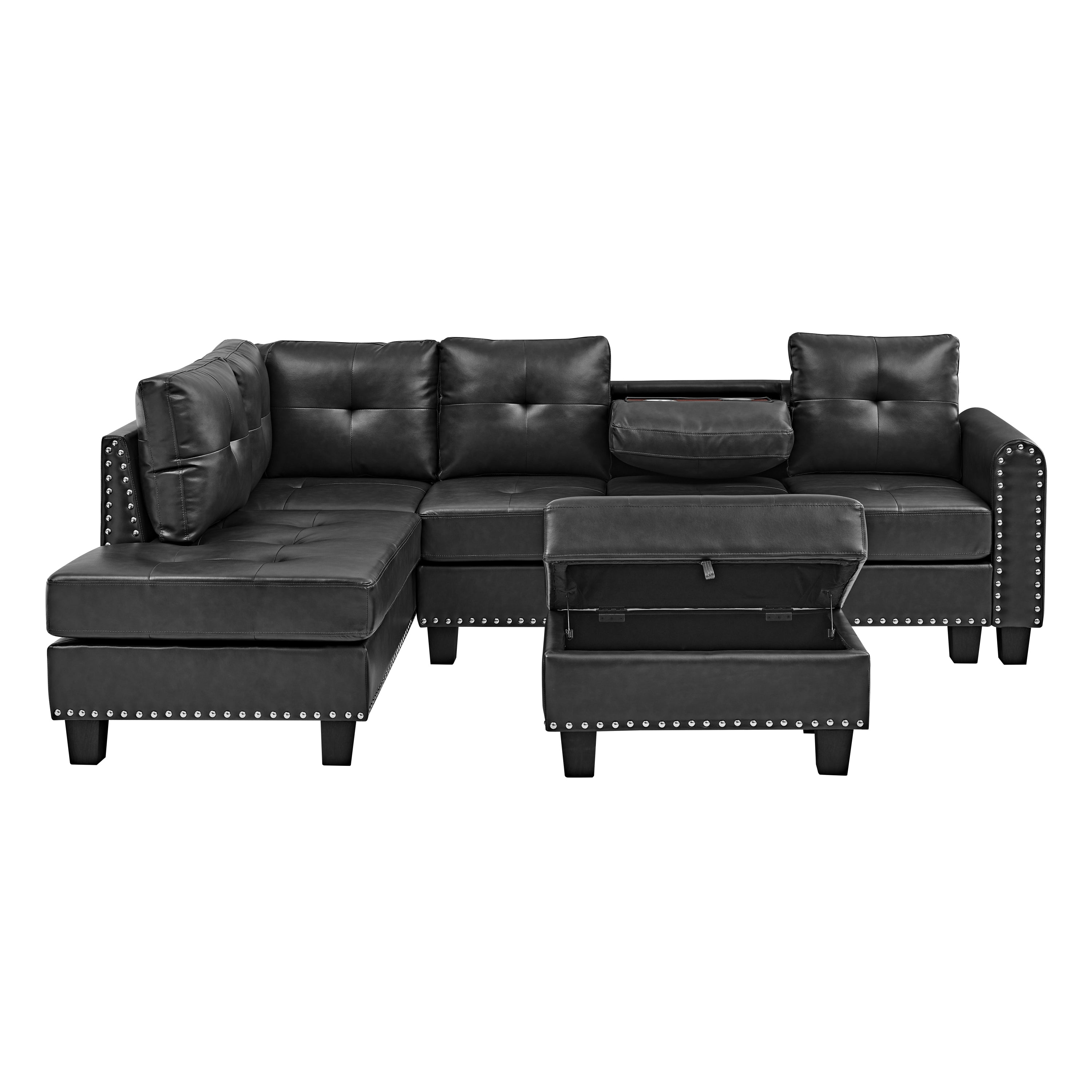 Sectional 3-Seaters Sofa , reversible recliner, Storage pad and wood grain cup holder, Non-slip leg, pu, black