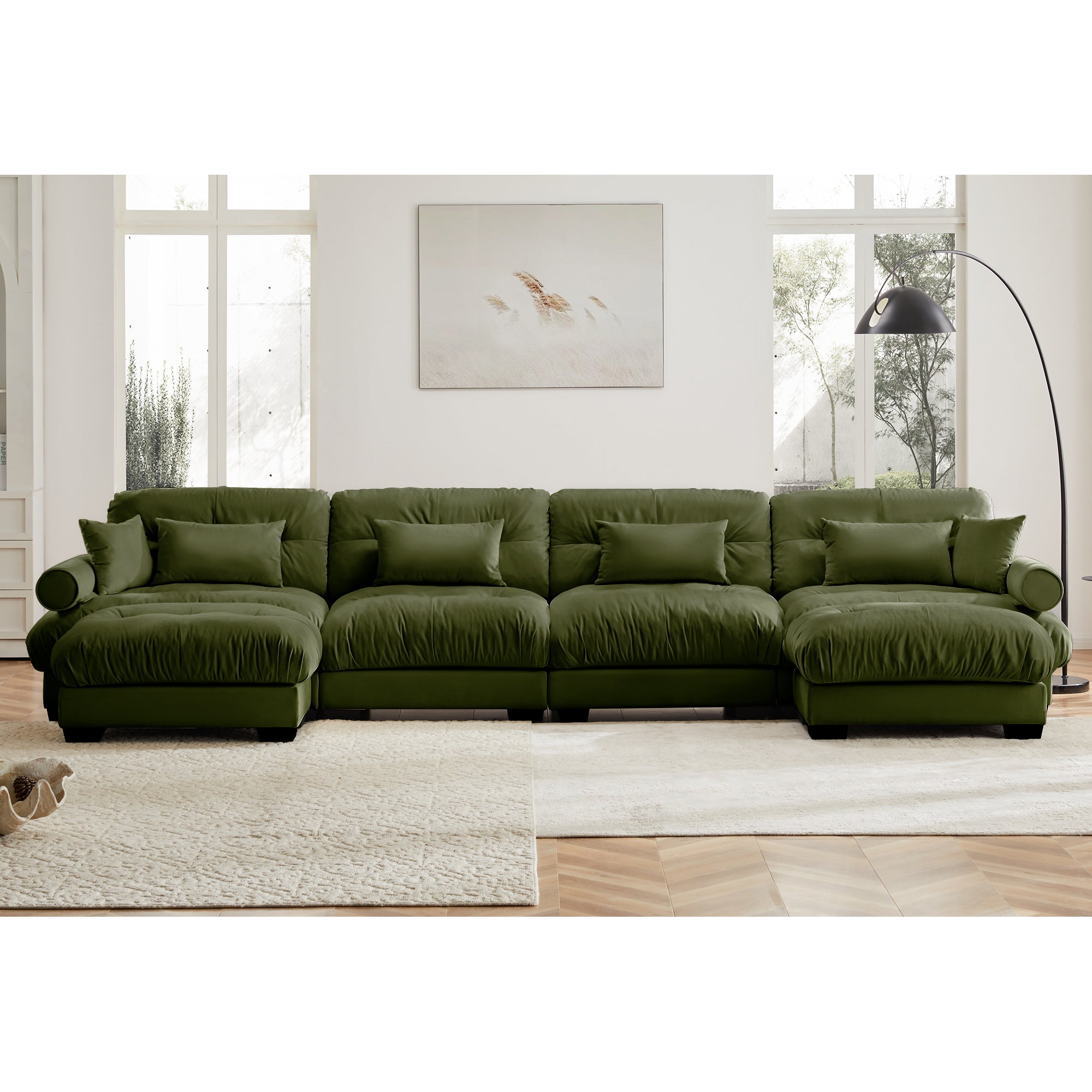 U-Shaped Velvet Sectional Cloud Couch with Movable Ottomans, Deep 4-Seater with Bolstered Armrests and Pillows, Olive green