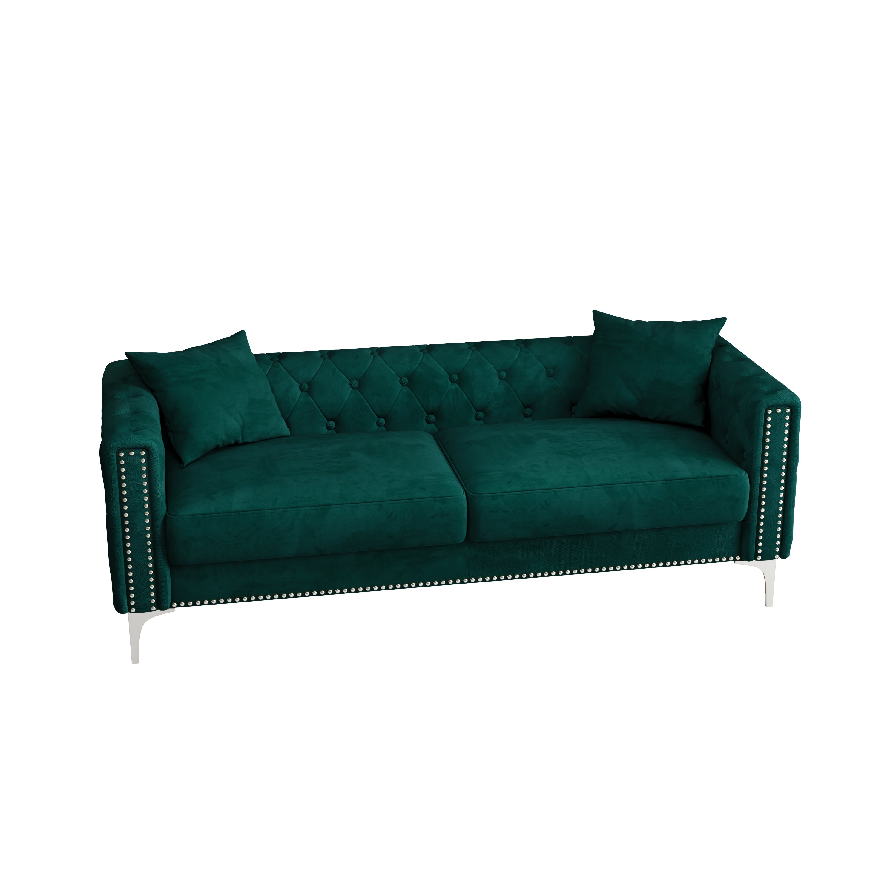 83" Green Velvet 3-Seater Sofa with 2 Comfy Pillows - Perfect Design for Living Room