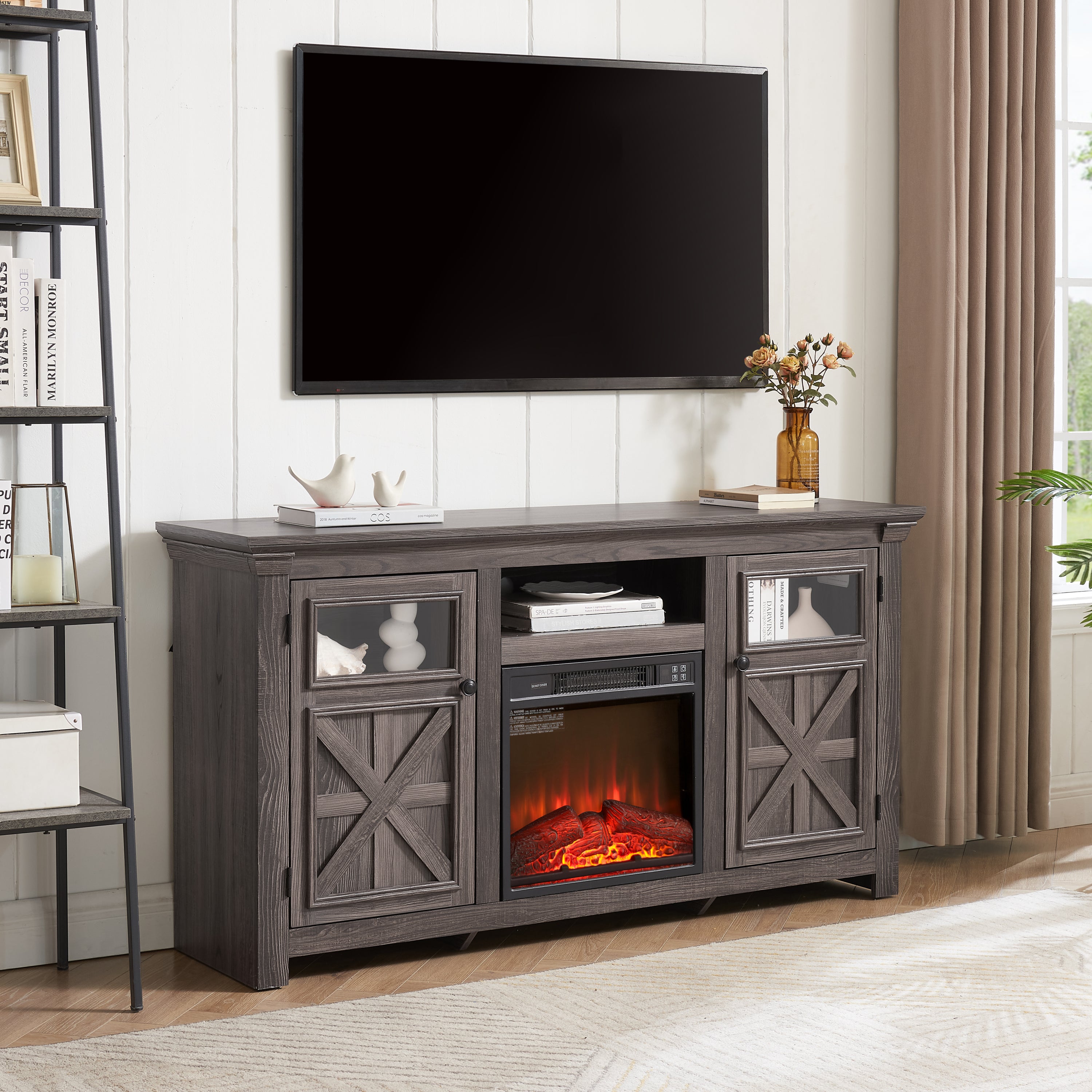 Farmhouse TV Stand with 2 Doors, Barn Design, Large Media Console with 18" Electric Fireplace Insert, GREY