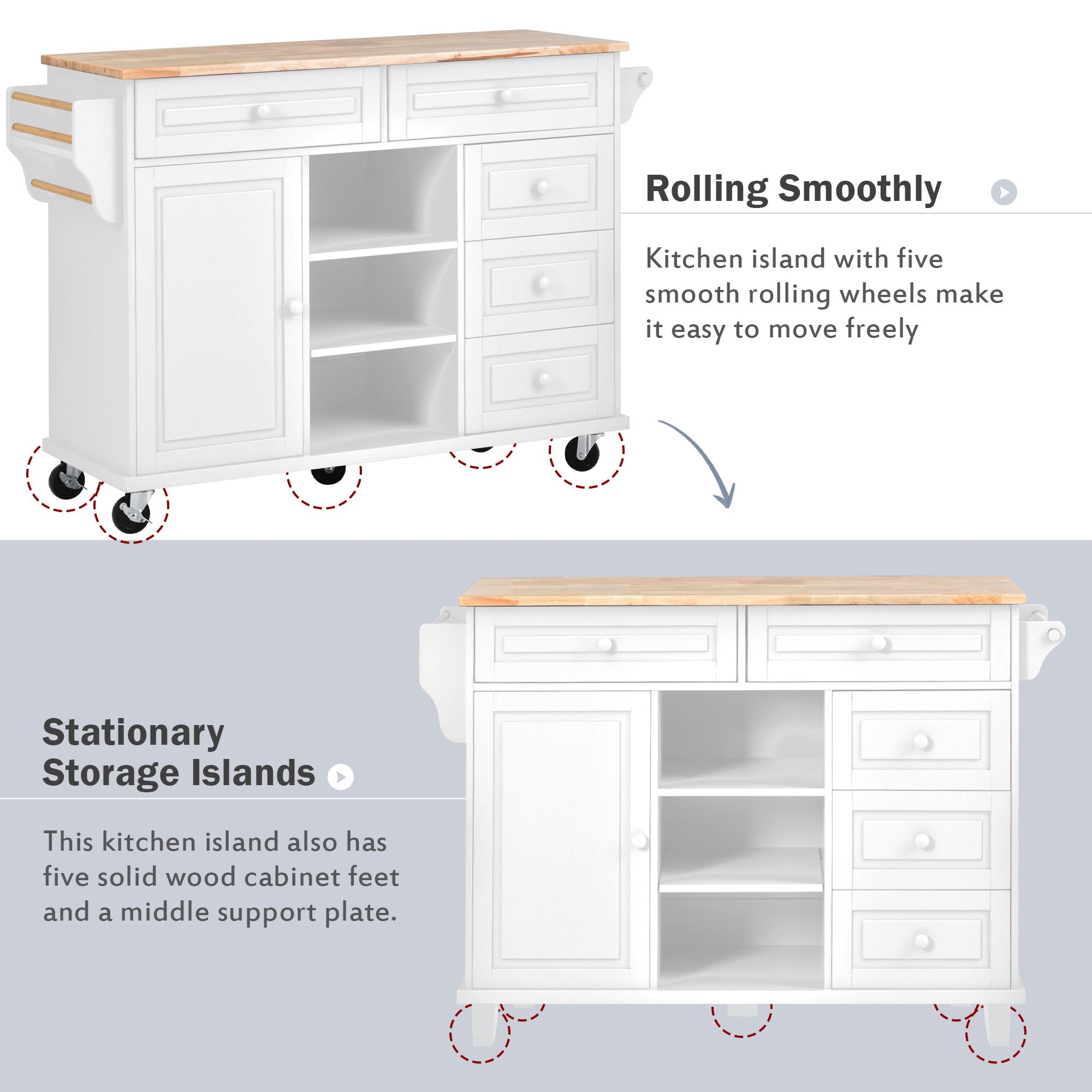 53" Kitchen cart with Rubber wood desktop rolling mobile kitchen island with storage and 5 draws, White