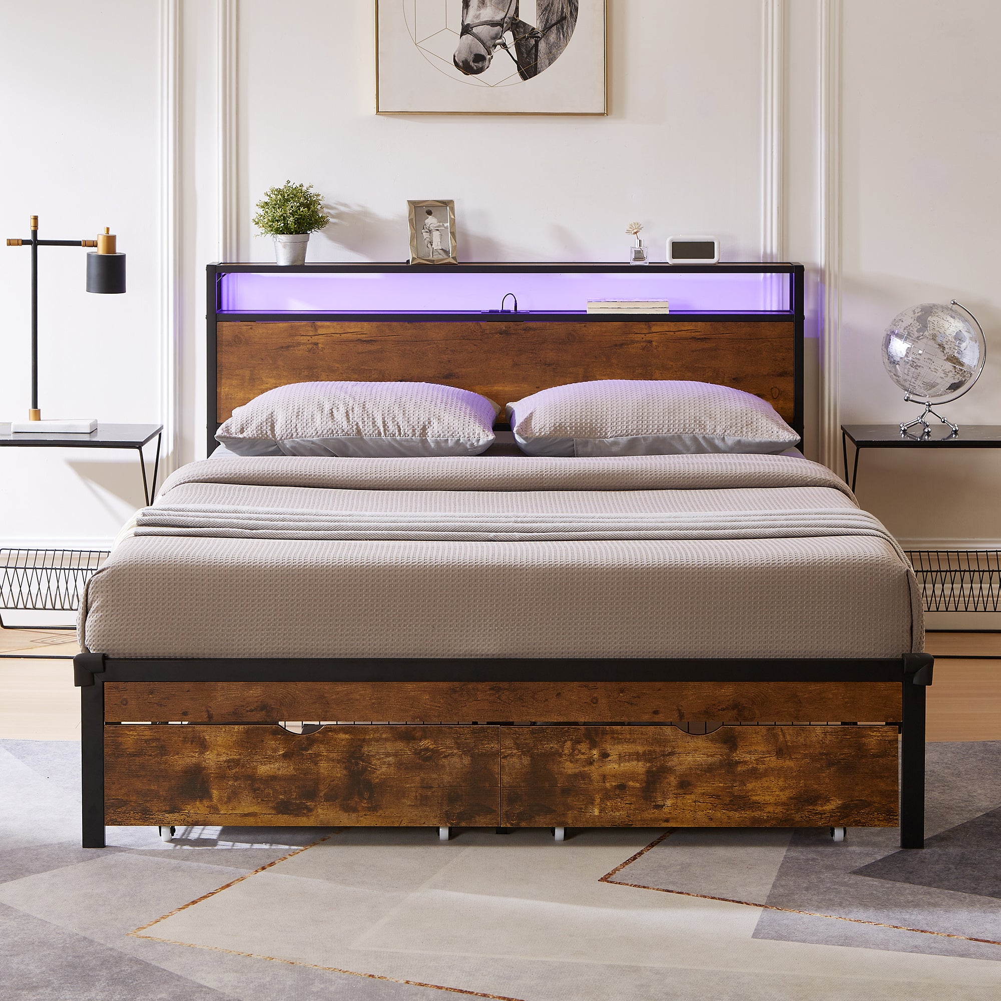 Queen Size Metal Platform Bed Frame with Wooden Headboard and Footboard with USB,Charging Station,2 Drawers,LED Lights, No Box Spring Needed, Easy Assemble