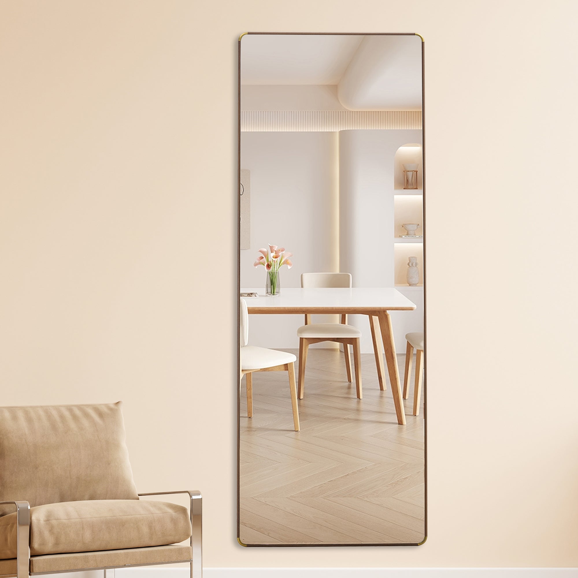 65" Full-Length Floor & Wall Mirror - Ideal for Bedrooms, Foyers, Bathrooms, and Clothing Stores, Brown Border