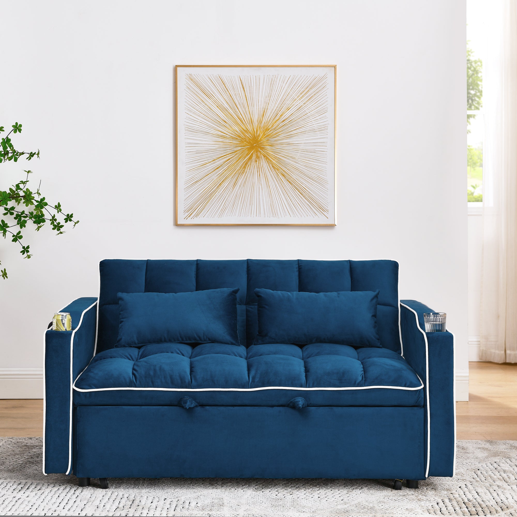 55.51" Foldable Velvet Sofa Bed with Adjustable Back, Pull-Out Design with USB Port, Ashtray, and Swivel Phone Stand, Blue