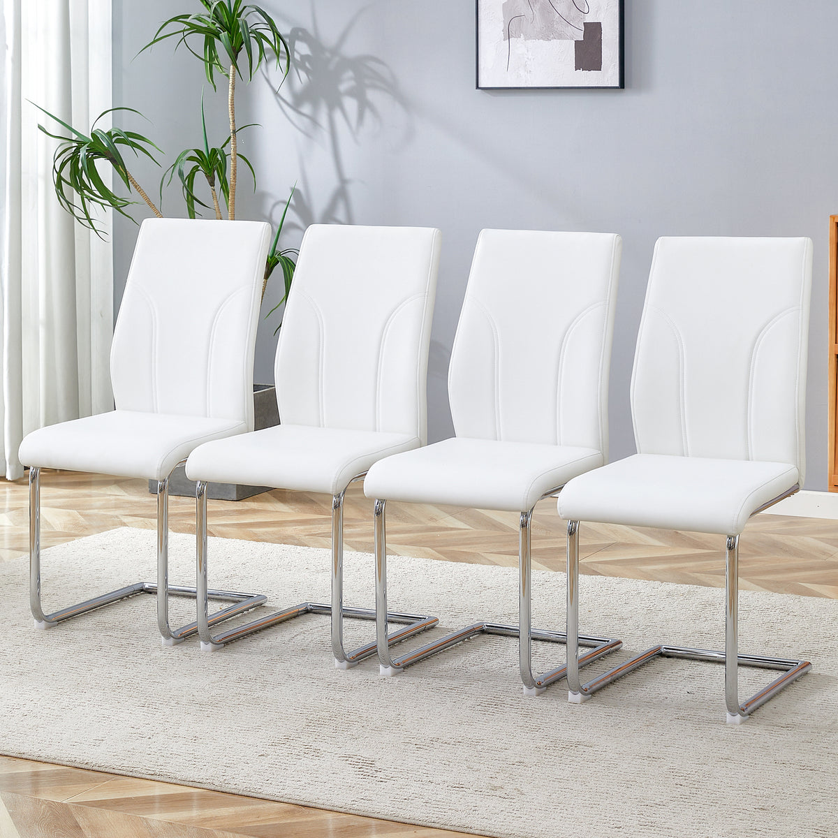 Modern White PU Dining Chair Set of 4 - High Back for Dining Rooms