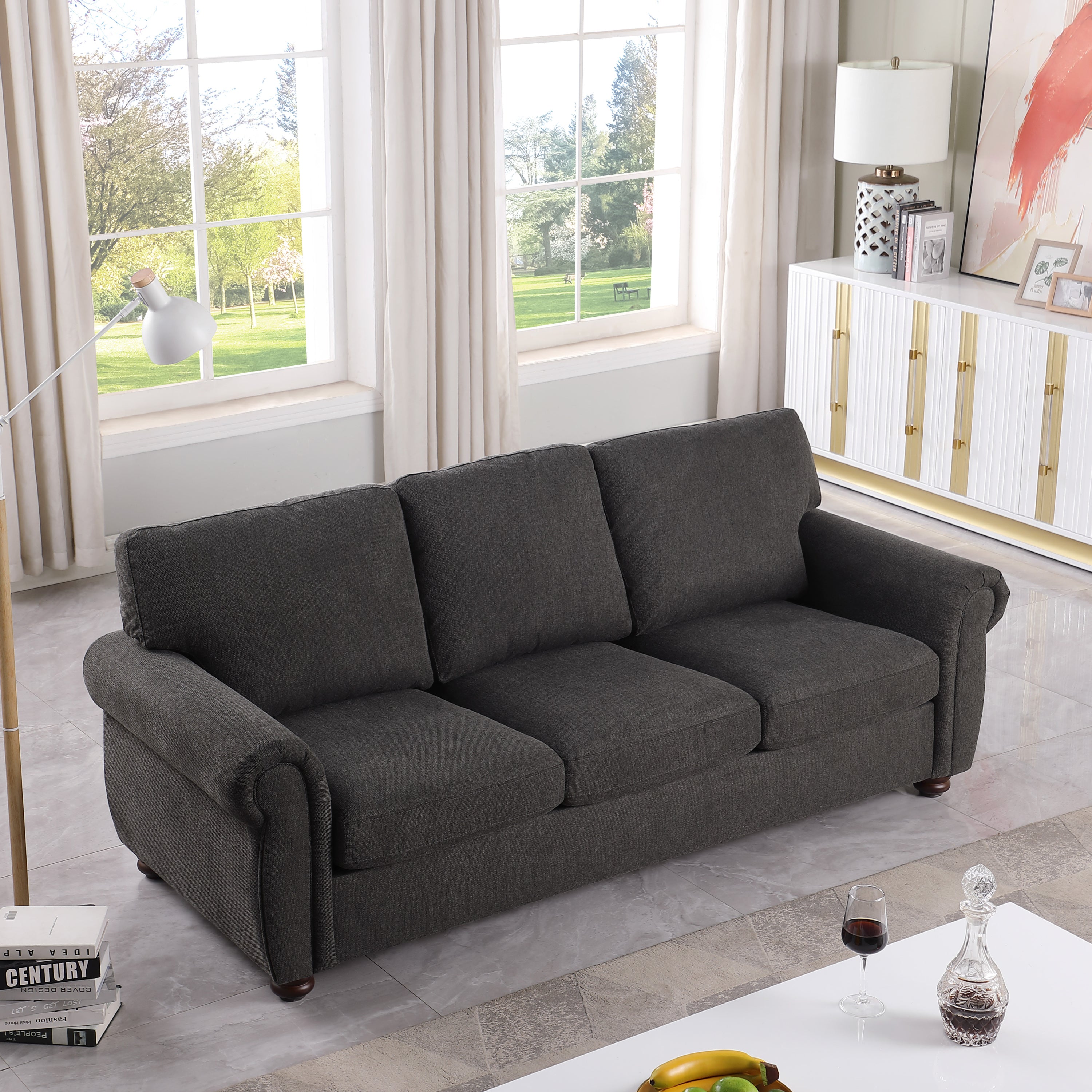 3-Seater Black Chenille Sofa