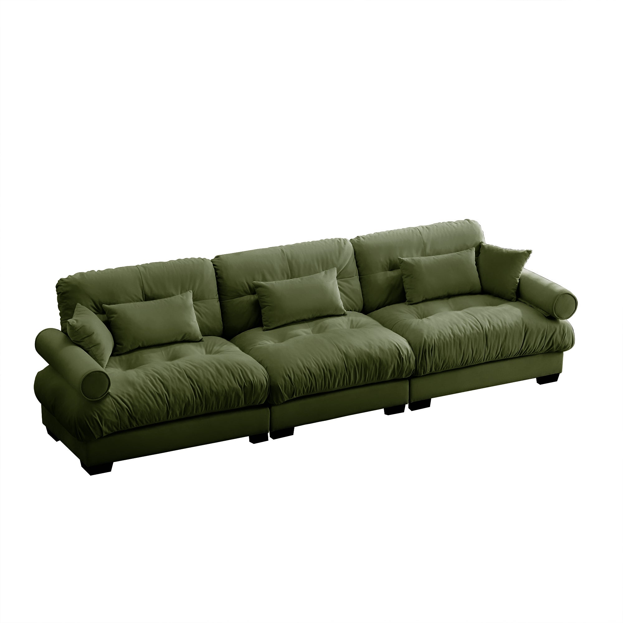 Extra-Large 3-Seater Modern Velvet Sofa, Oversized Cloud-Like Comfort with Waist and Throw Pillows, Olive green