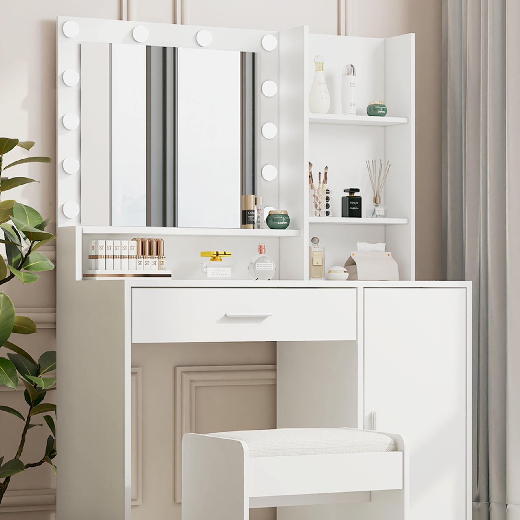 Vanity Desk with Mirror & Light, Large Drawer Three Level Storage Dresser, 3 Lighting Modes Adjustable Brightness, Bedroom Dressing Table (White with Stool)