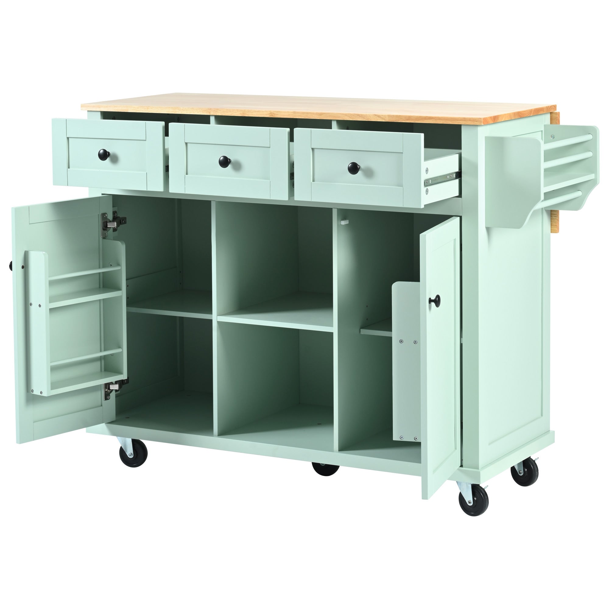 Kitchen Cart with Rubber wood Drop-Leaf Countertop for Dinning Room, Mint Green