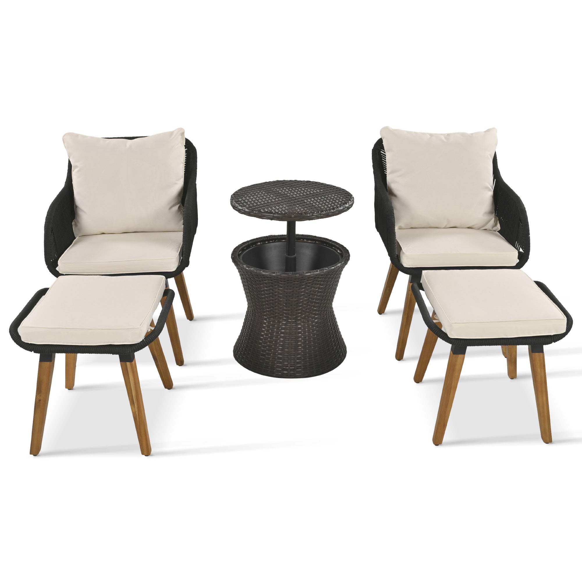 K&K 5-Piece Garden Patio Furniture Chair Set with Wicker Cool Bar Table and Ottomans for Porch, Backyard, Balcony, Poolside Black & Beige