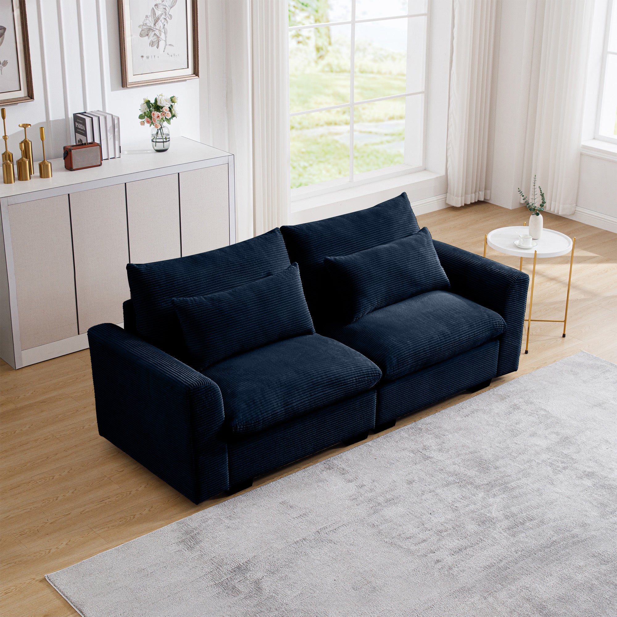 Modern Sofa 2 Seater Corduroy Fabric Sofa with Armrests for Apartment Living Room, Bule