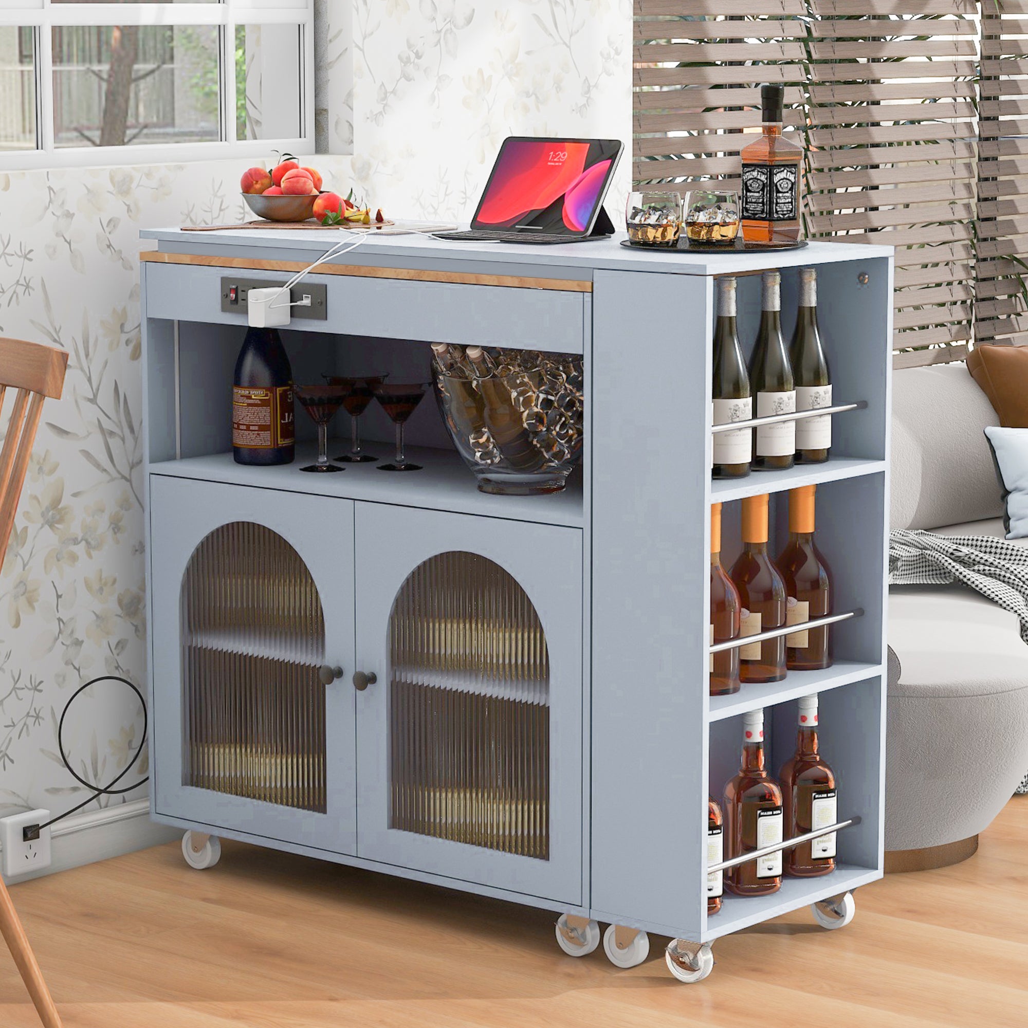 K&K Rolling Kitchen Island With Extended Table, Kitchen Island and 2 Fluted Glass Doors, Grey