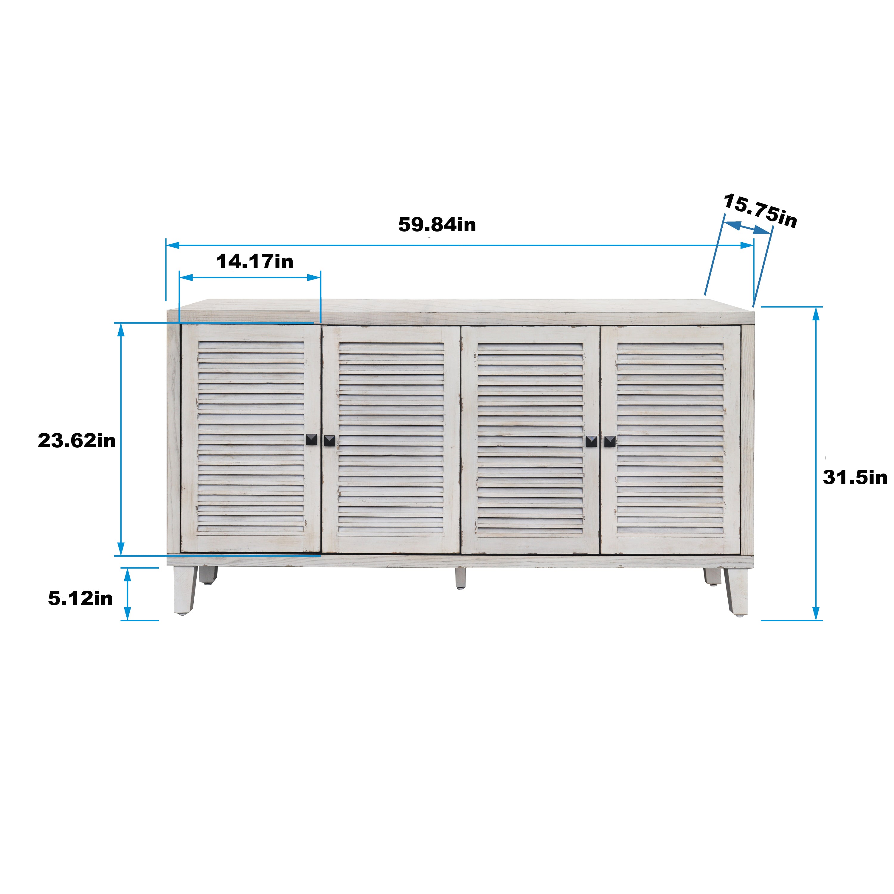 Accent Cabinet 4 Shutter Door Wooden Cabinet Sideboard Buffet Server Cabinet Storage Cabinet, for Living Room, Entryway, Hallway, Office, Kitchen and Dining Room, Distressed White