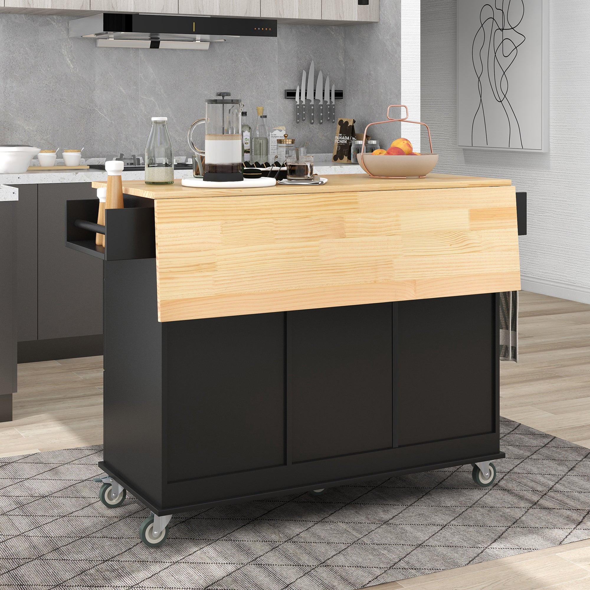 Black Rolling Mobile Kitchen Island with Solid Wood Top and Locking Wheels,52.7" Width with Storage Cabinet and Drop Leaf