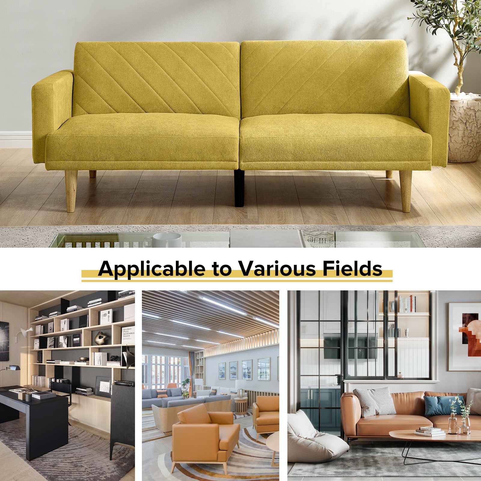 Convertible Futon Sofa Bed with Wood Legs, Yellow Fabric