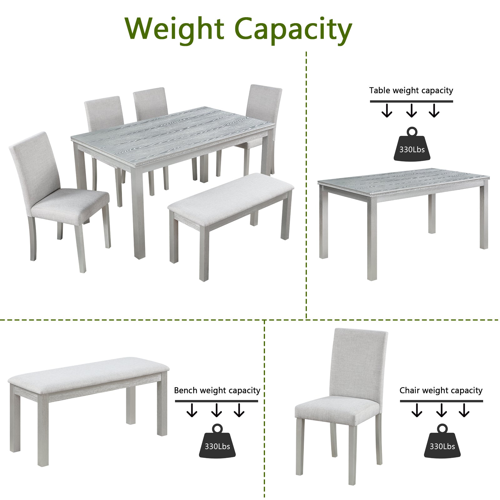 Wooden Dining Rectangular Table with Bench, Kitchen Table with Bench for Small Space, 6 Person Dining Table, Silver grey