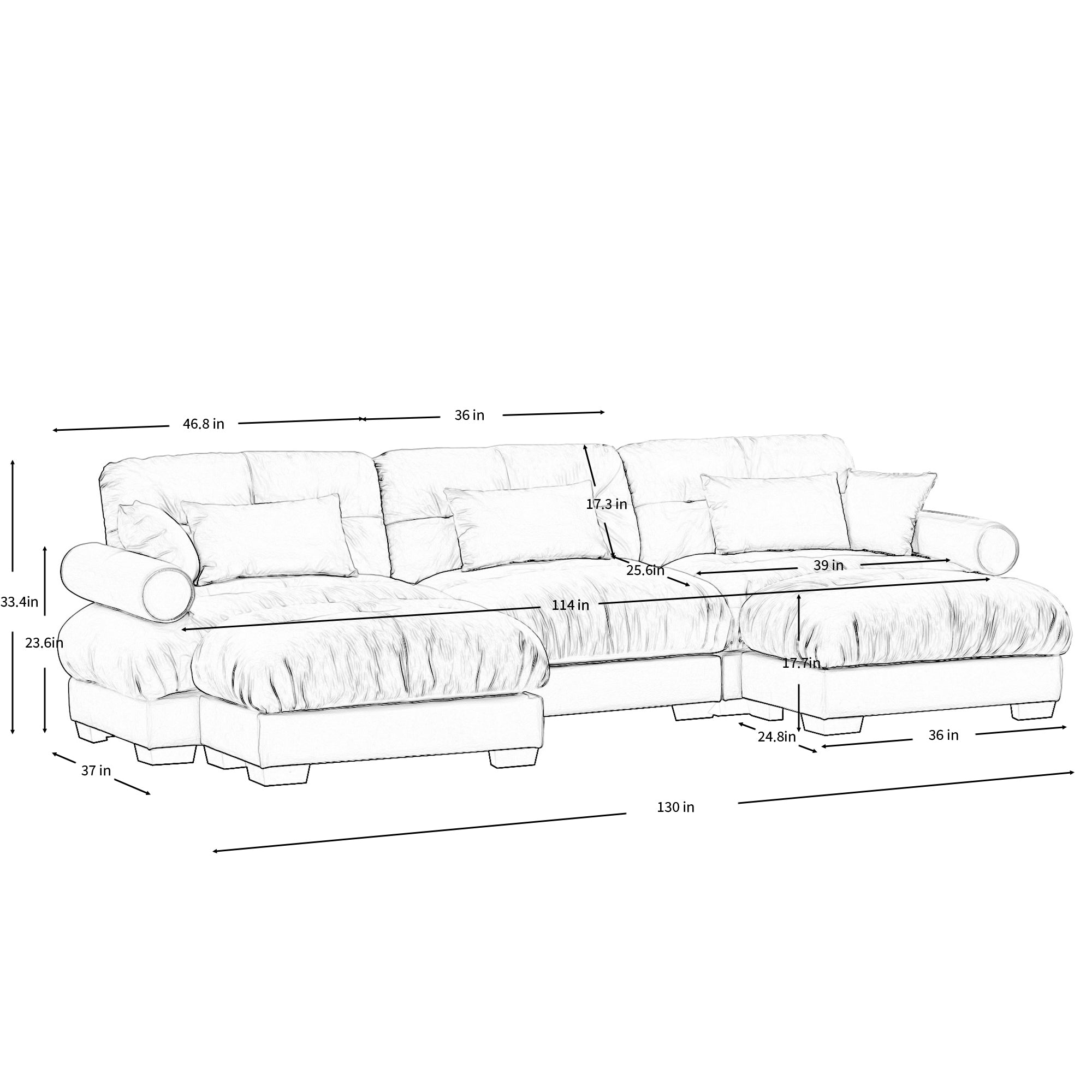 U-Shaped Modular Sectional Sofa with Movable Ottomans, Modern 3-Seater Corner Couch with Pillows and Bolstered Armrests, Blue