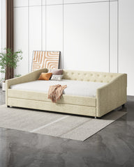 Full Size Daybed with Twin Size Trundle Upholstered Tufted Sofa Bed, with Button on Back and Copper Nail on Waved Shape Arms-Beige