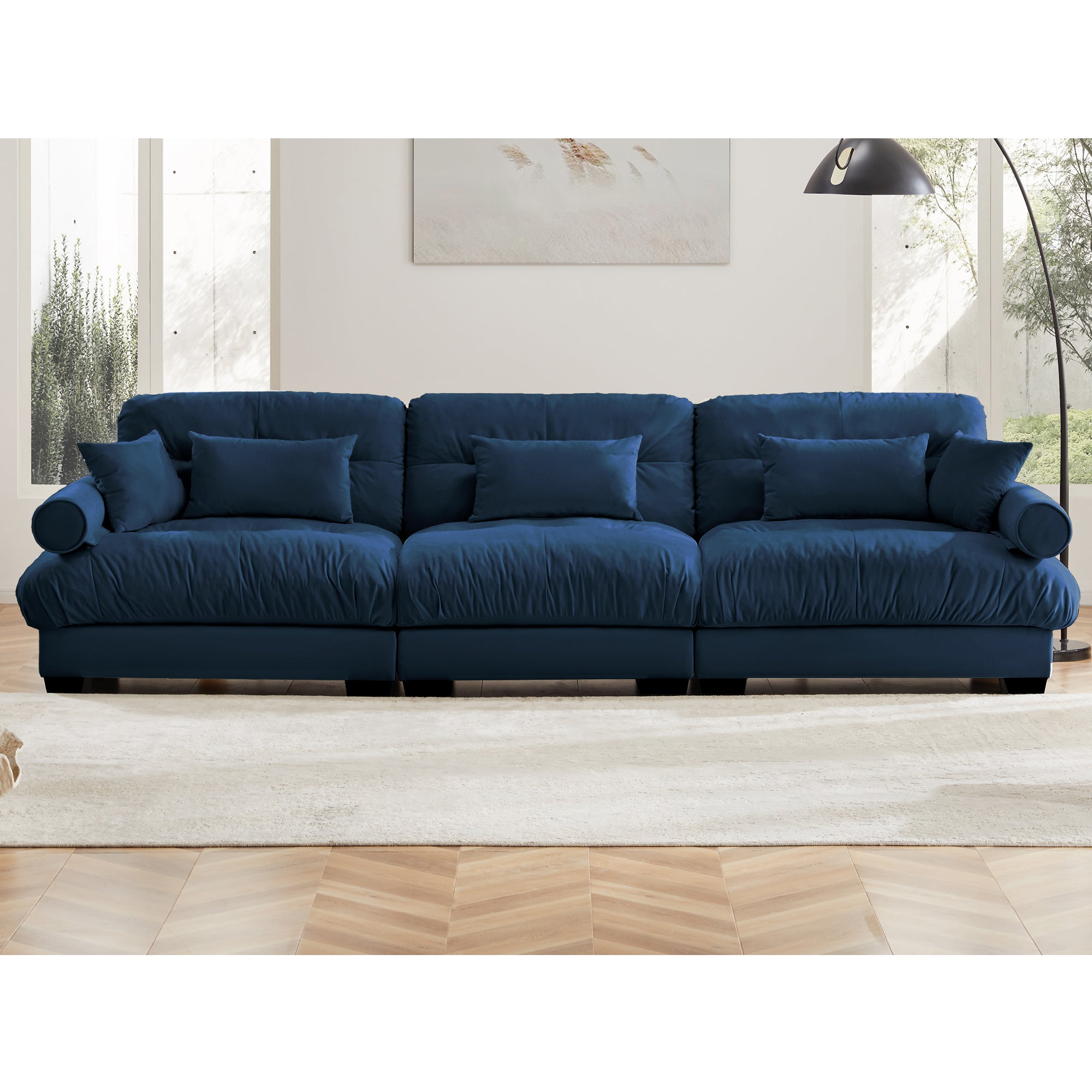 Extra-Large 3-Seater Modern Velvet Sofa, Oversized Cloud-Like Comfort with Waist and Throw Pillows, Blue