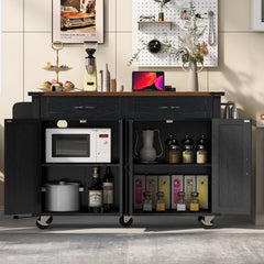 K&K 53.5''Farmhouse Kitchen Island with Drop Leaf, Spice Rack and Drawer, Rolling Kitchen Cart on Wheels, Black