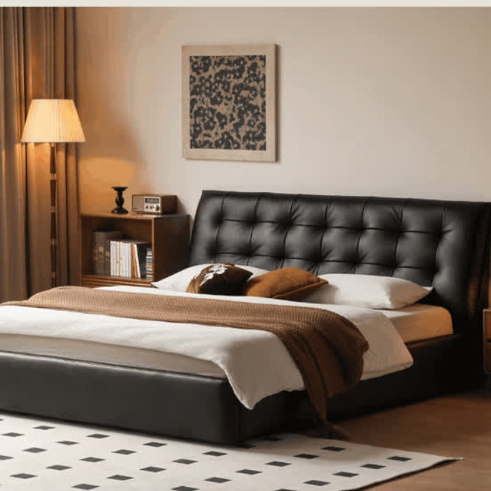 Genuine Leather Bed for Master Bedroom - Modern Minimalist Luxury Platform Bed with Top-Grain Leather Upholstered Headboard