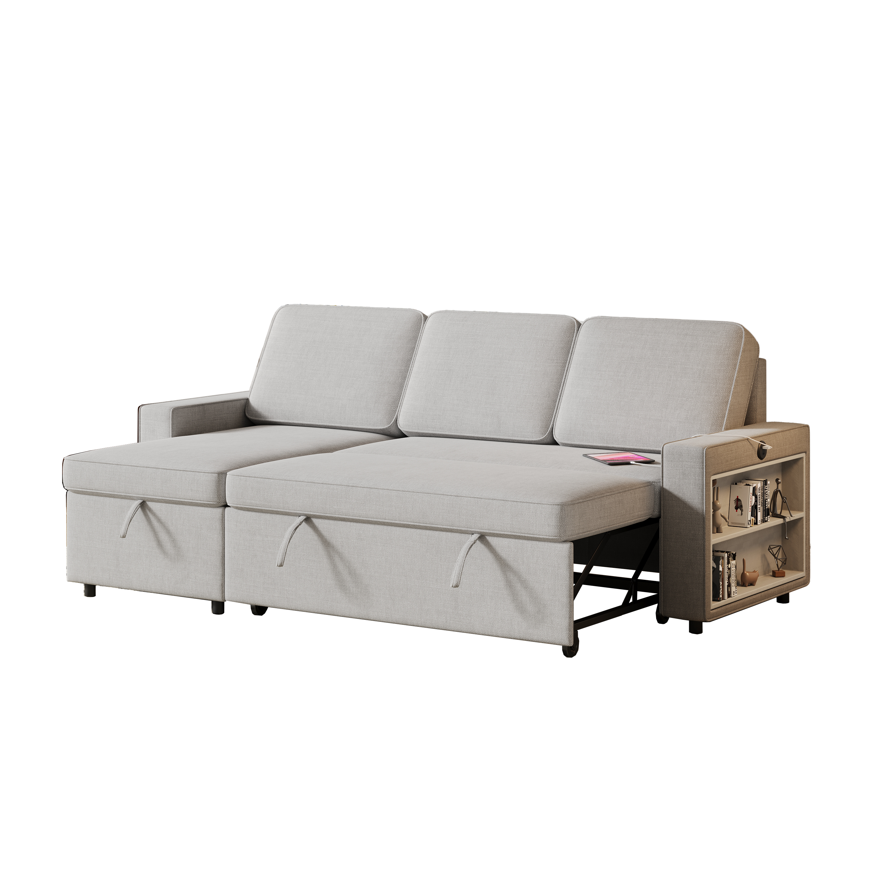 85.8" Pull Out Sleeper Sofa L-Shaped Couch Convertible Sofa Bed with Storage Chaise And Storage Racks,With USB Port And T-pyce Port