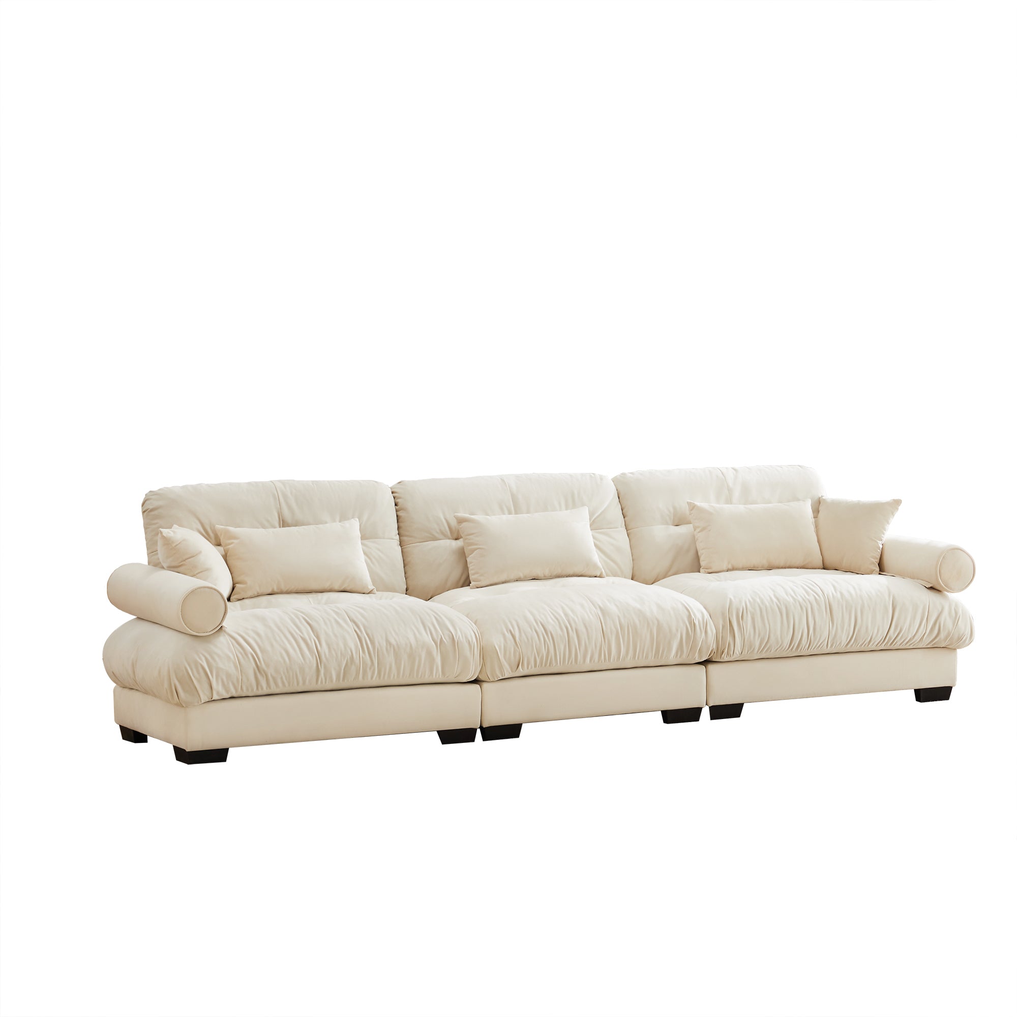 Extra-Large 3-Seater Modern Velvet Sofa, Oversized Cloud-Like Comfort with Waist and Throw Pillows, Beige