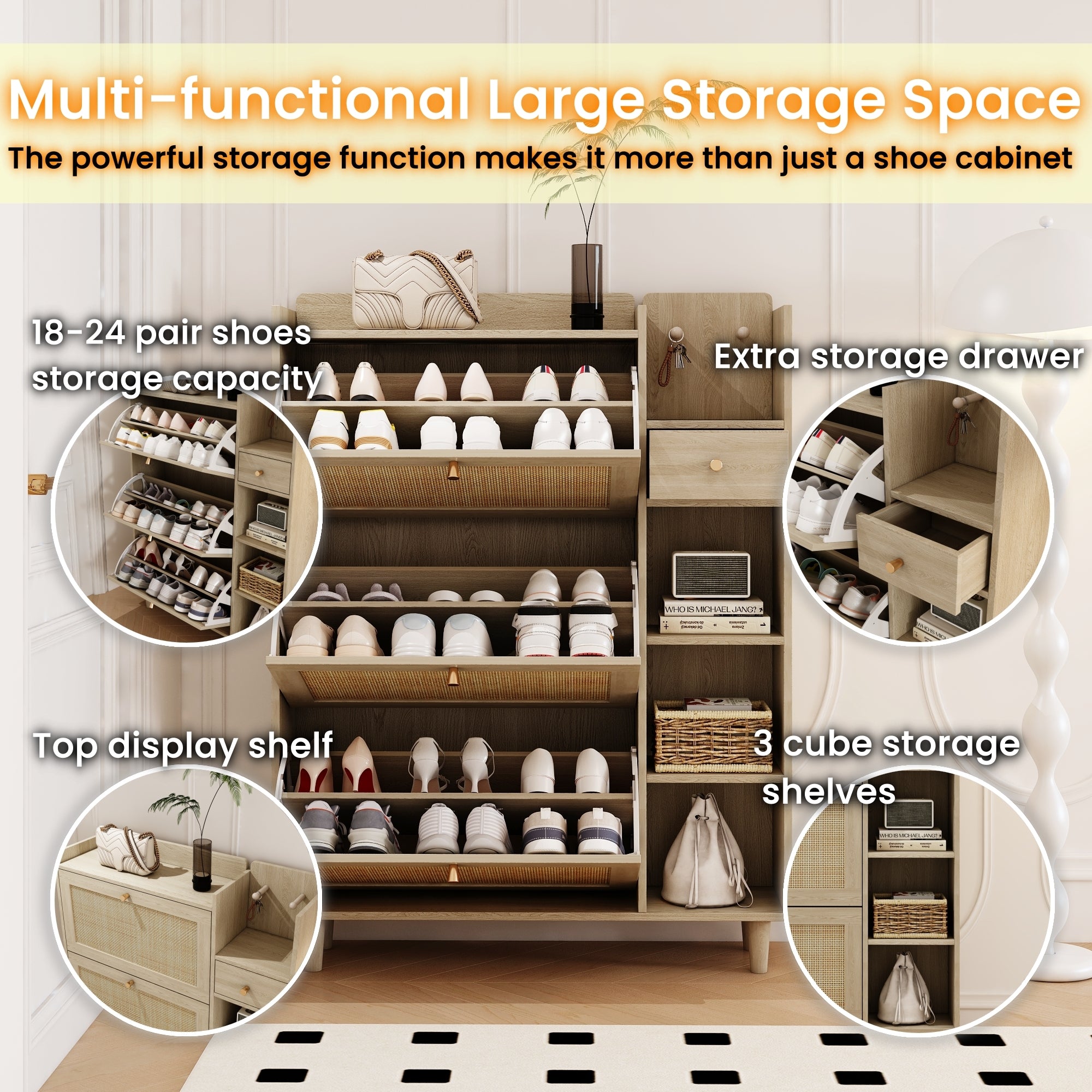 Boho Shoe Cabinet with 3 Rattan Flip Drawers & Storage, Natural
