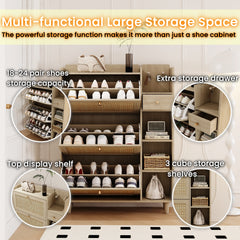 Boho Shoe Cabinet with 3 Rattan Flip Drawers & Storage, Natural