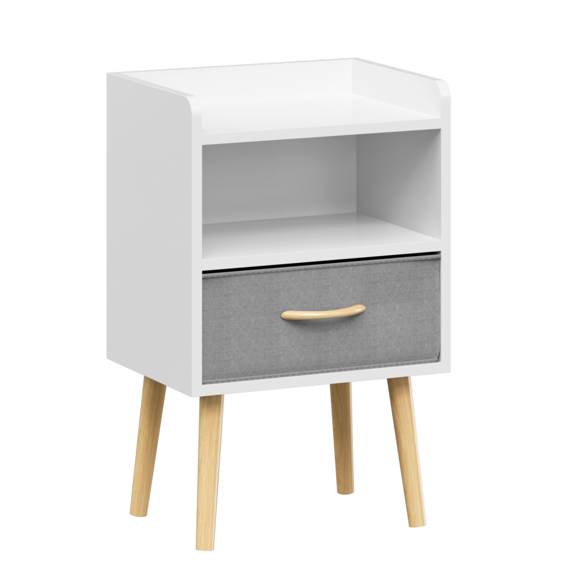 Nightstand With Collapsible Fabric Drawer, 2-Tier Storage End Table, Wood Side Table with Storage Cabinet for Kids, Adults - White