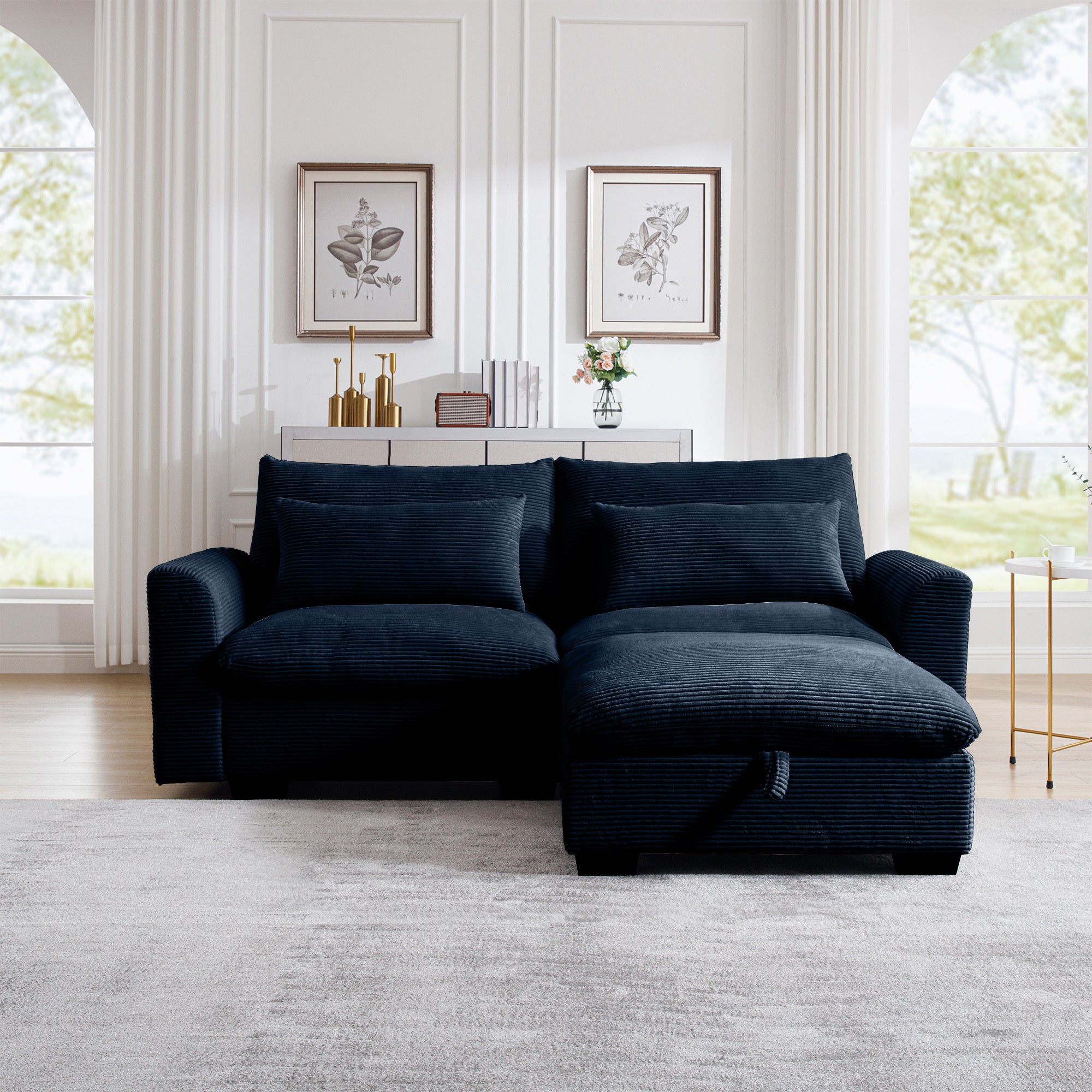 Sectional Sofa Comfy Corduroy Couch for Living Room with Pillows and Round Armrests, Modern Corduroy Sofa Sleeper Deep Couches with Storage Ottoman (Blue, 2-Seat)