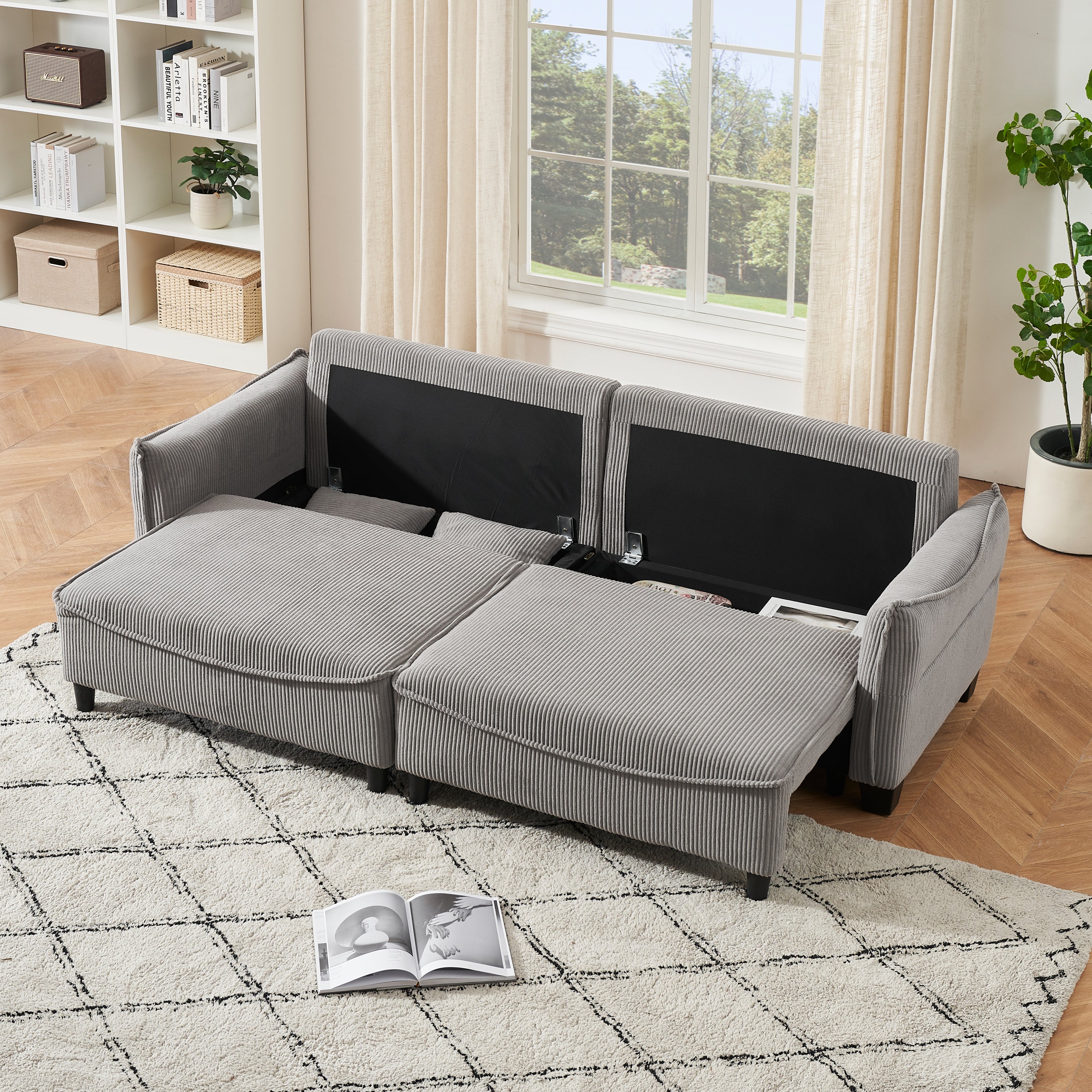 87.8" Gray Corduroy Sofa Bed with Two Pillows - Ideal 3-Seater Design for Living Room