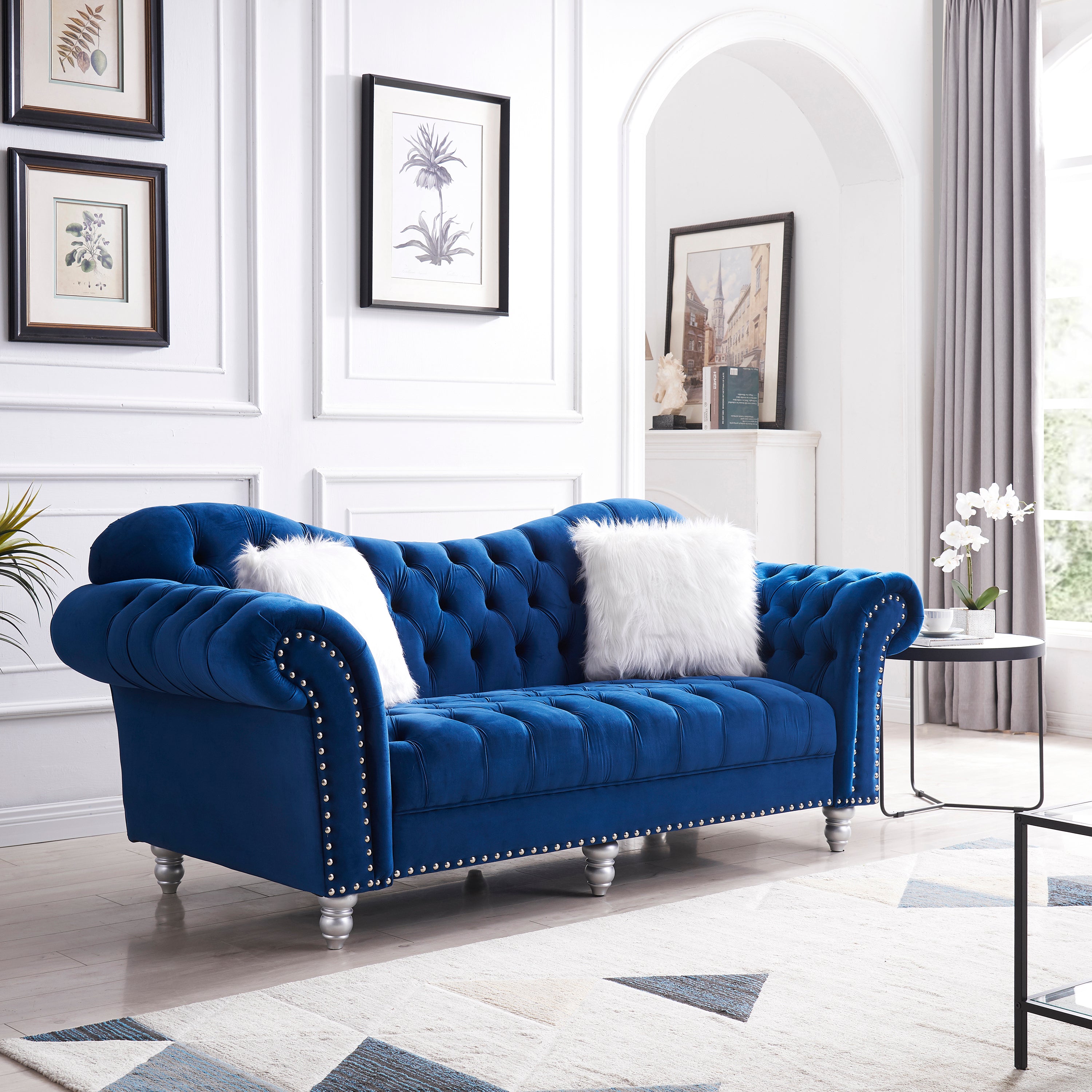 3 Piece Living Room Sofa Set, including 3-Seater Sofa, Loveseat and Sofa Chair, with Button and Copper Nail on Arms and Back, Five White Villose Pillow, Blue.