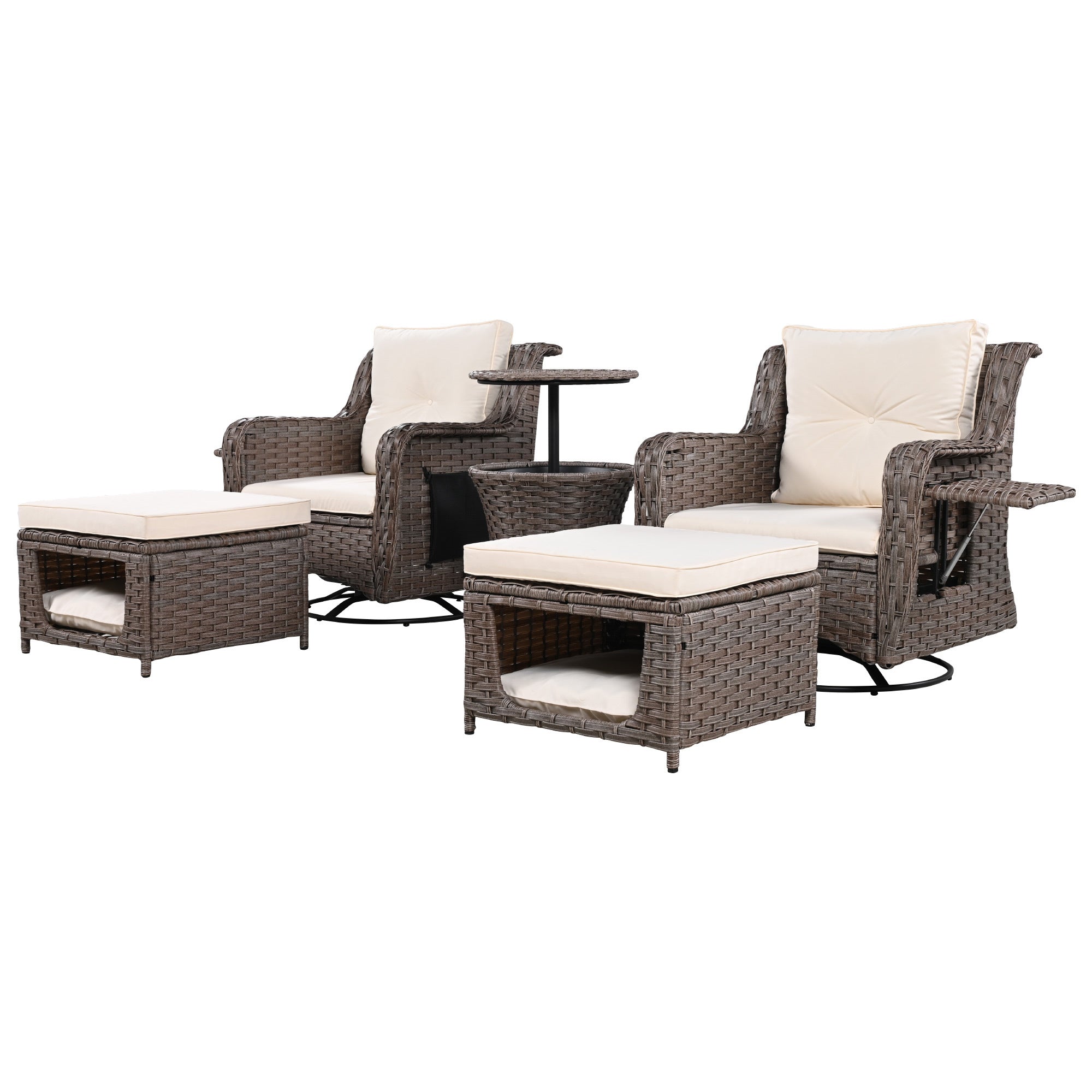 K&K 5 Pieces Outdoor Patio Furniture Set with Pet House Cool Bar and Retractable Side Tray, Rattan Wicker Patio Swivel Rocking Chairs Set of 2 with Ottomans for Backyard, Porch, Balcony, Beige