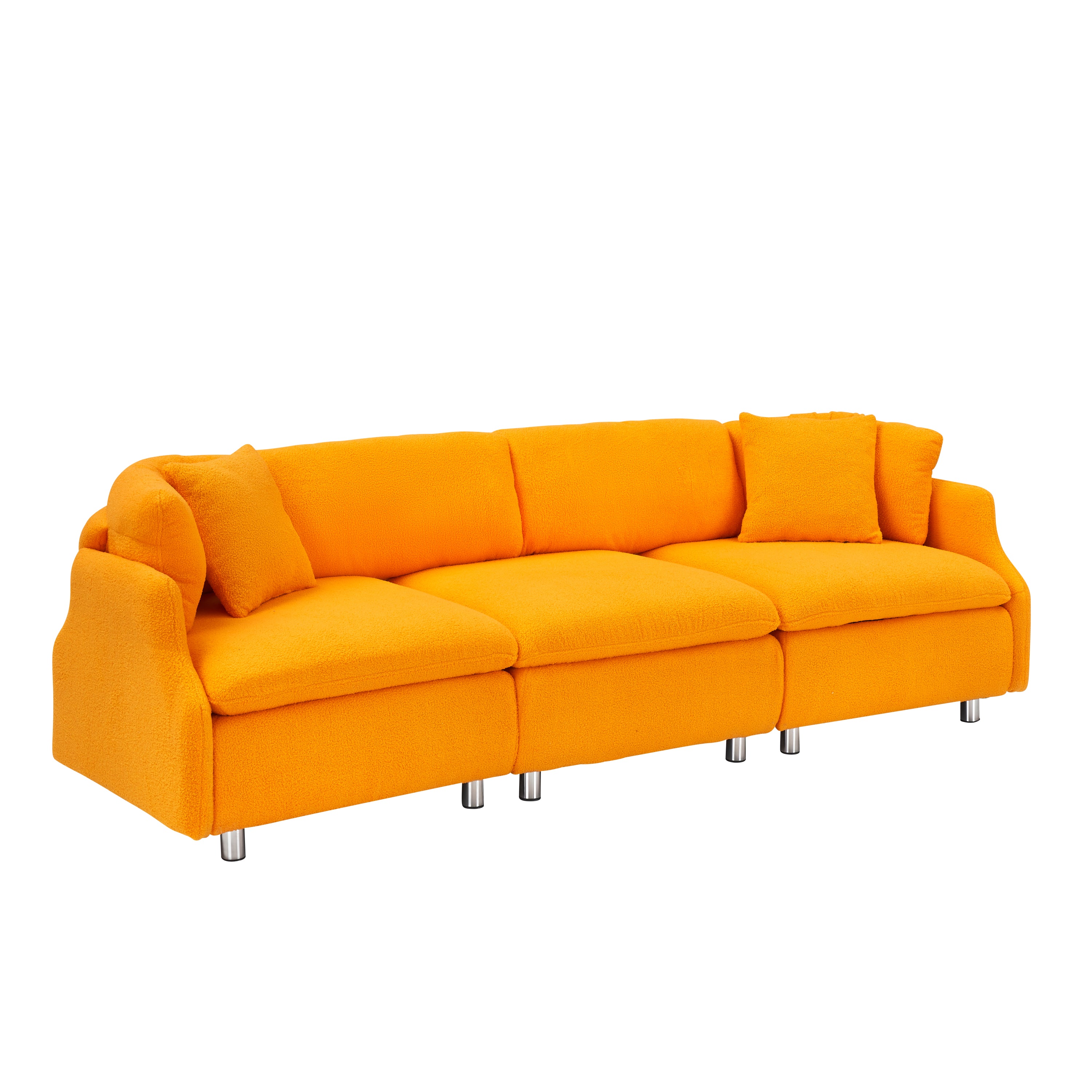 95.3" Orange Teddy Fleece Sofa With Two Throw Pillows - Spacious 3 Seat Sofa for Living Room