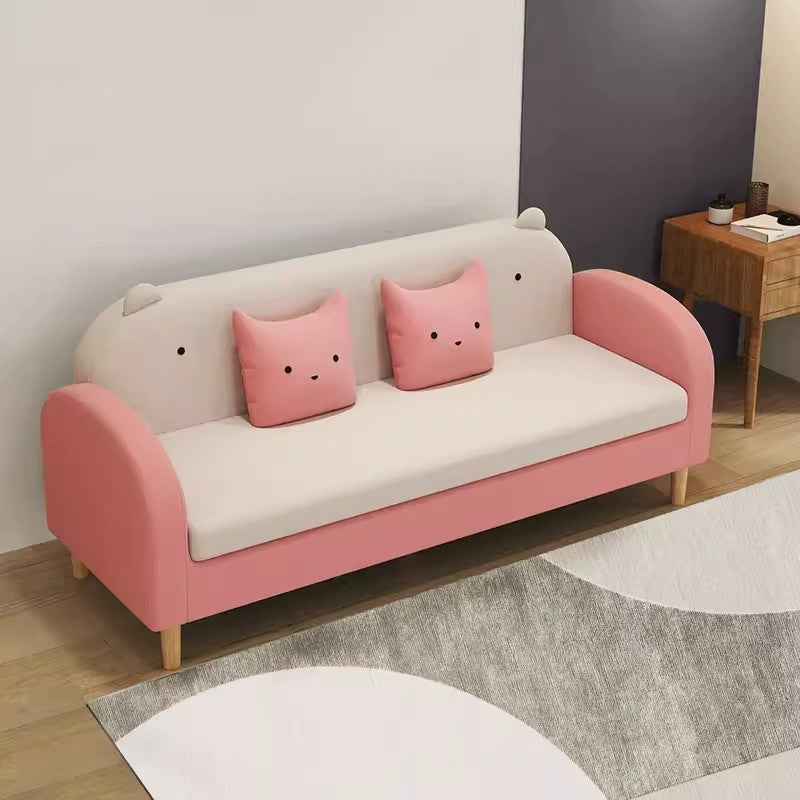 Stylish Light Gray Sofa with Off White, Mint Green, Grass Pink, and Yellow Wood Accents – Premium Cotton Upholstery qm-11