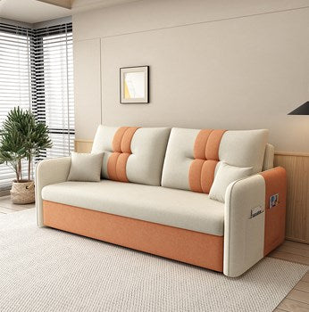 Stylish Cotton-Linen Sofa in Vibrant Orange Beige with Light Blue, Dark Green, Gray, Yellow, and Brown Accents fsx-1007