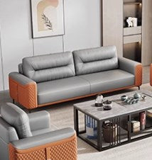 Stylish Dark Brown Faux Leather Sofa with Pine Wood Frame – Modern, Comfortable Seating in Orange, White, Gray & Black fsj-1028